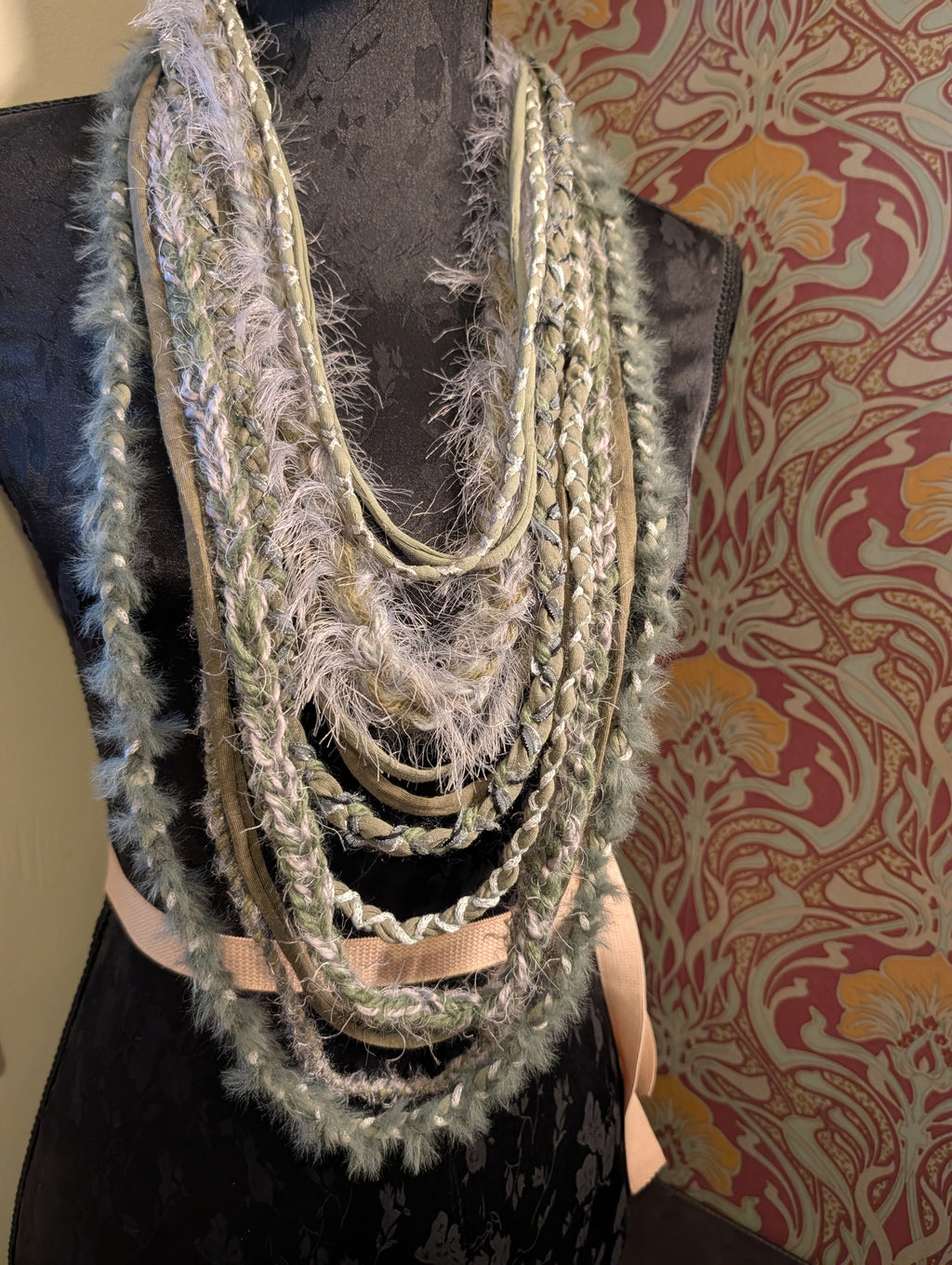Moonlit Sage, Stunning fabric Necklace, Unique, Hedge Witch, Pagan, Boho style, Made using Sustainably sourced Materials