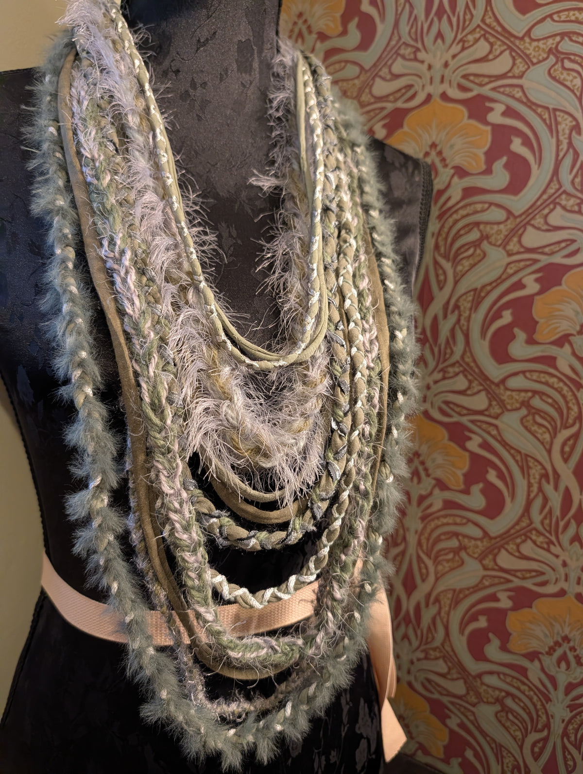 Moonlit Sage, Stunning fabric Necklace, Unique, Hedge Witch, Pagan, Boho style, Made using Sustainably sourced Materials