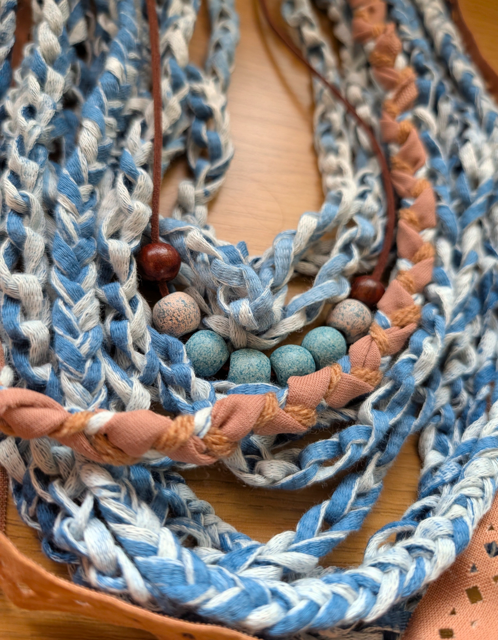 Desert Boho Style Infinity Scarf with Ceramic and Wooden Bead Necklace