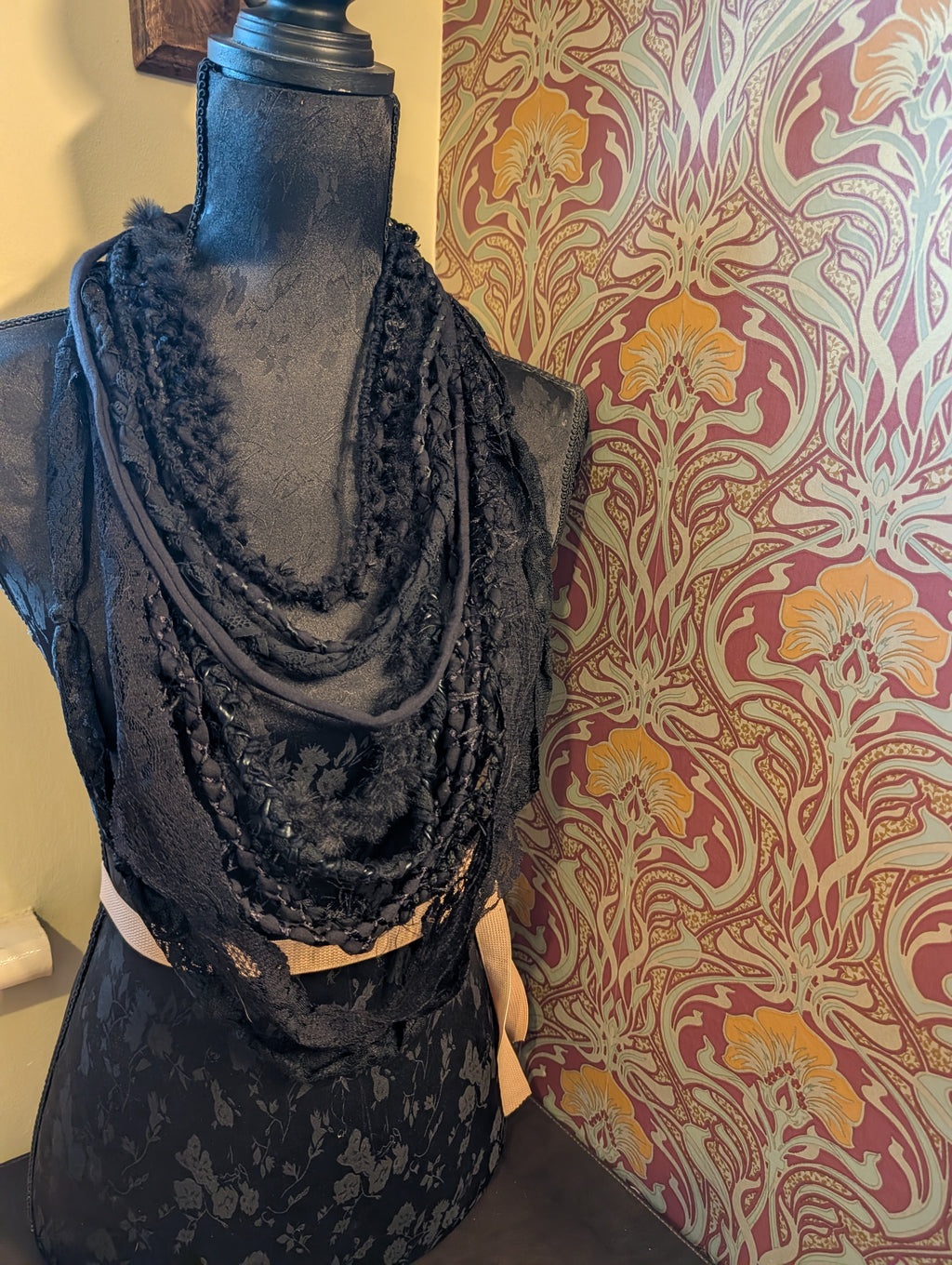 Gothic style Fabric Necklace,Nocturne, Handmade & Unique, Beautiful lace and weave is layered, made using sustainable materials