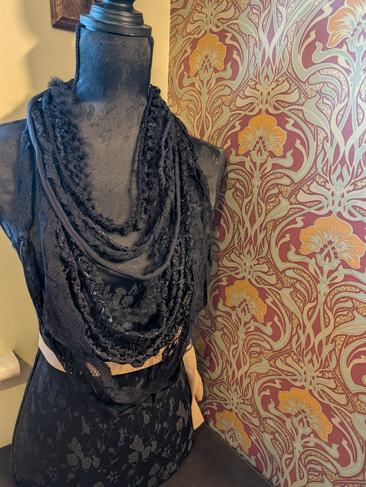 Gothic style Fabric Necklace,Nocturne, Handmade & Unique, Beautiful lace and weave is layered, made using sustainable materials