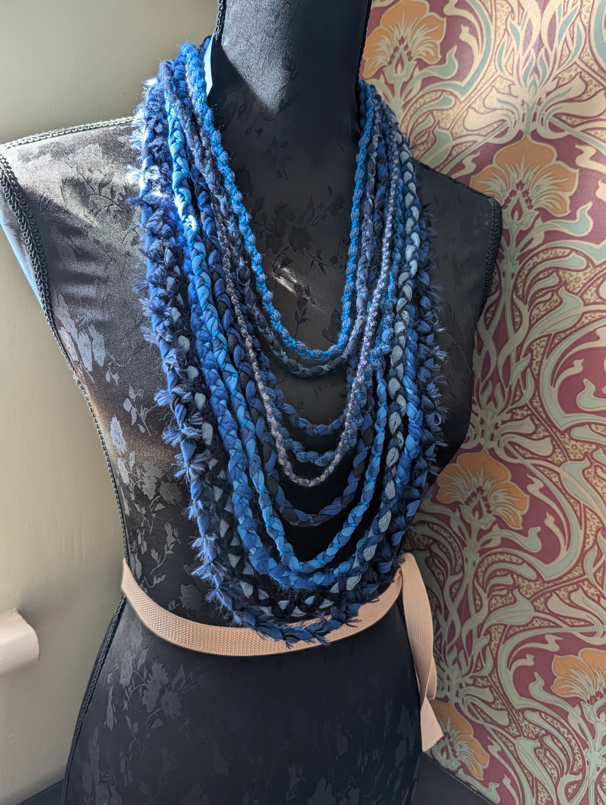 Mystic Azure, Boho Style Layered Fabric Necklace, Handmade & Unique Gift