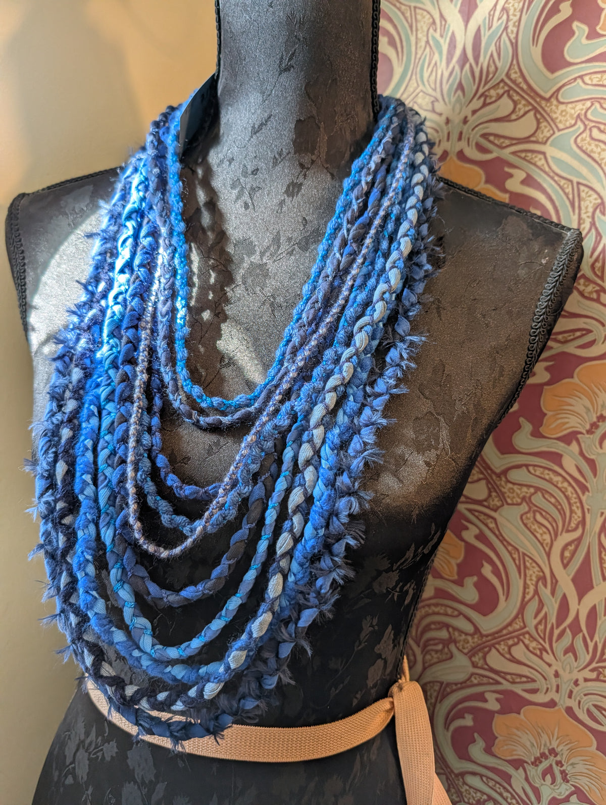 Mystic Azure, Boho Style Layered Fabric Necklace, Handmade & Unique Gift