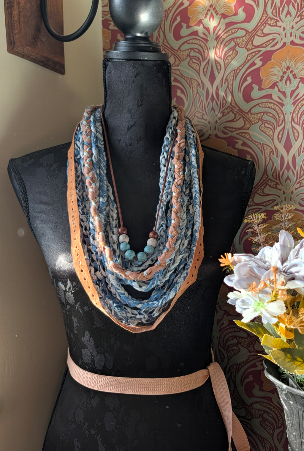 Desert Boho Style Infinity Scarf with Ceramic and Wooden Bead Necklace
