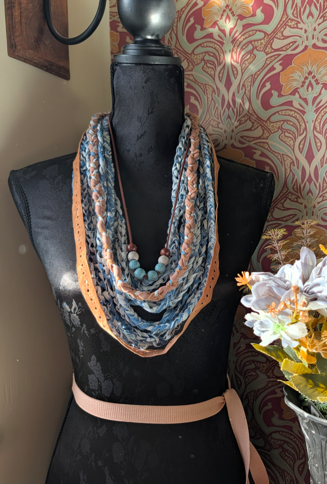Desert Boho Style Infinity Scarf with Ceramic and Wooden Bead Necklace