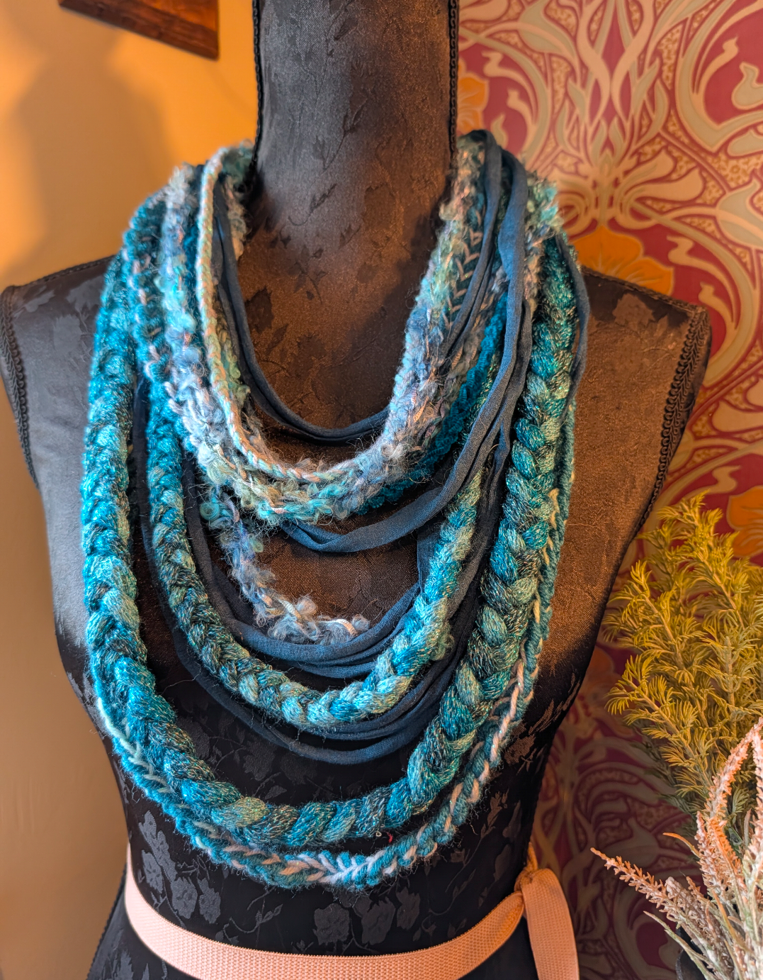 Teal Shimmer Handcrafted Bohemian Style Multi-strand Crocheted Scarf