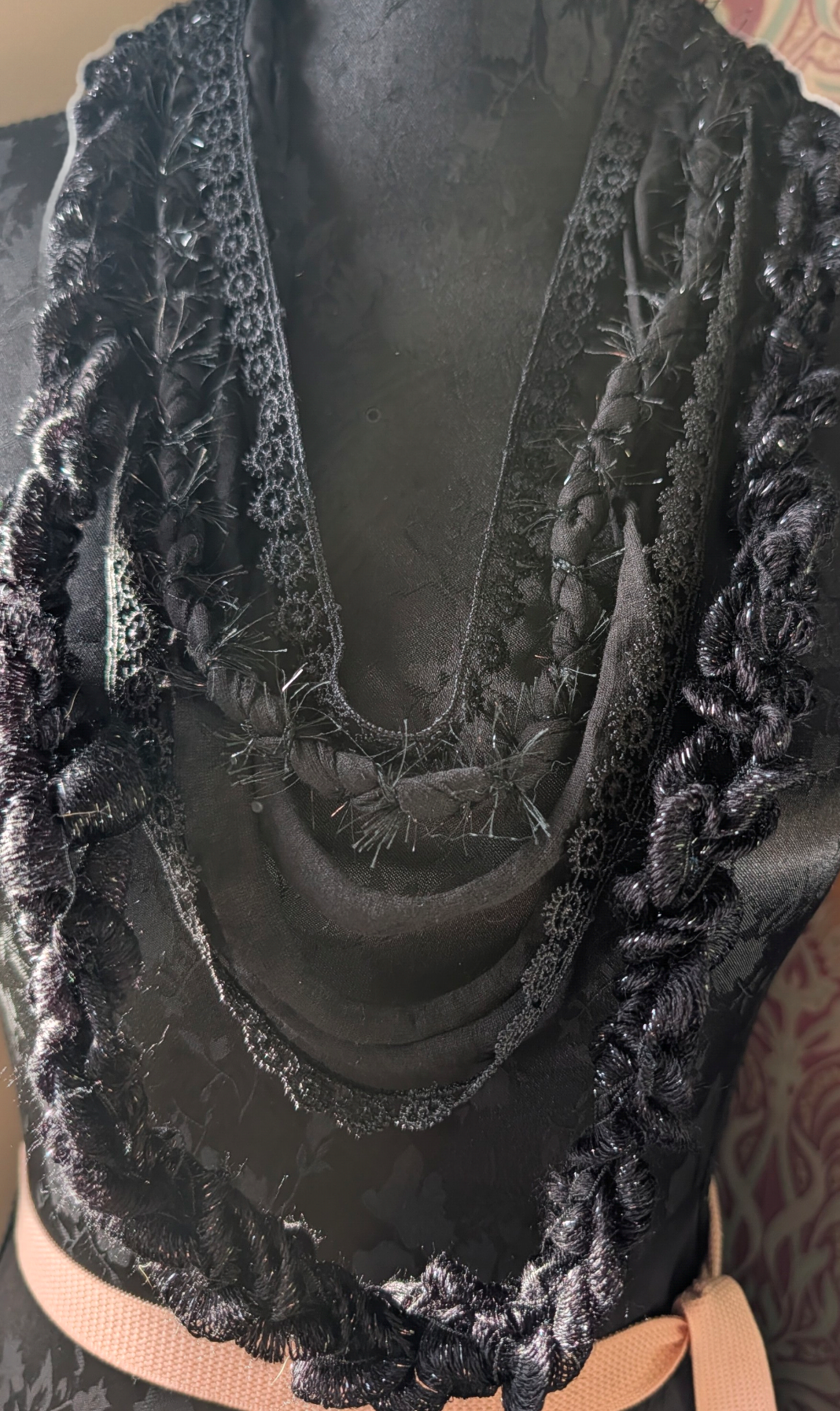 Obsidian, Gothic Statement Fabric Necklace