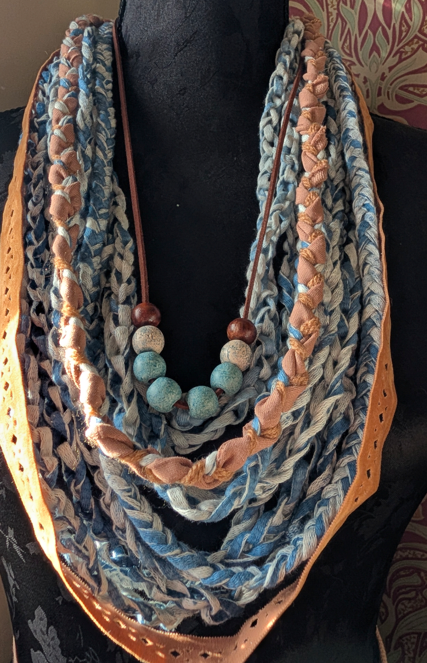 Desert Boho Style Infinity Scarf with Ceramic and Wooden Bead Necklace