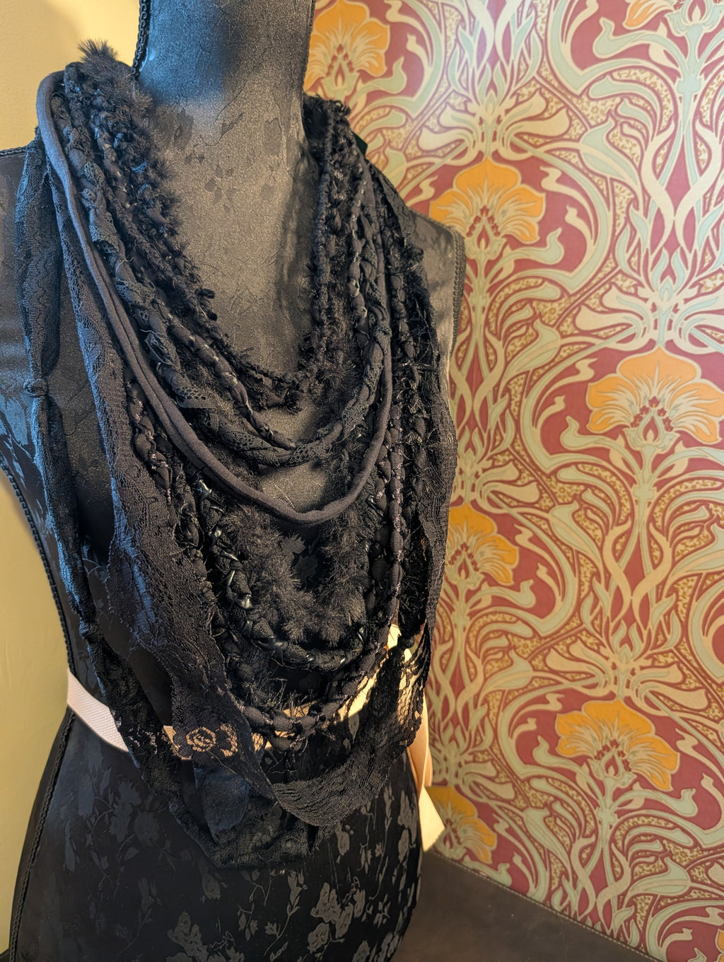 Gothic style Fabric Necklace,Nocturne, Handmade & Unique, Beautiful lace and weave is layered, made using sustainable materials