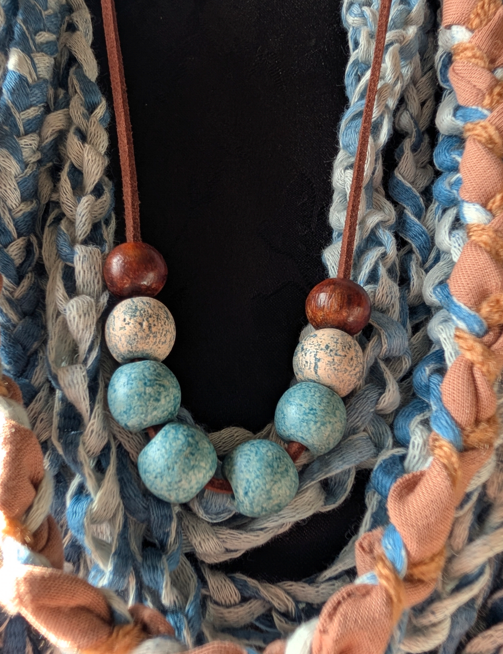Desert Boho Style Infinity Scarf with Ceramic and Wooden Bead Necklace