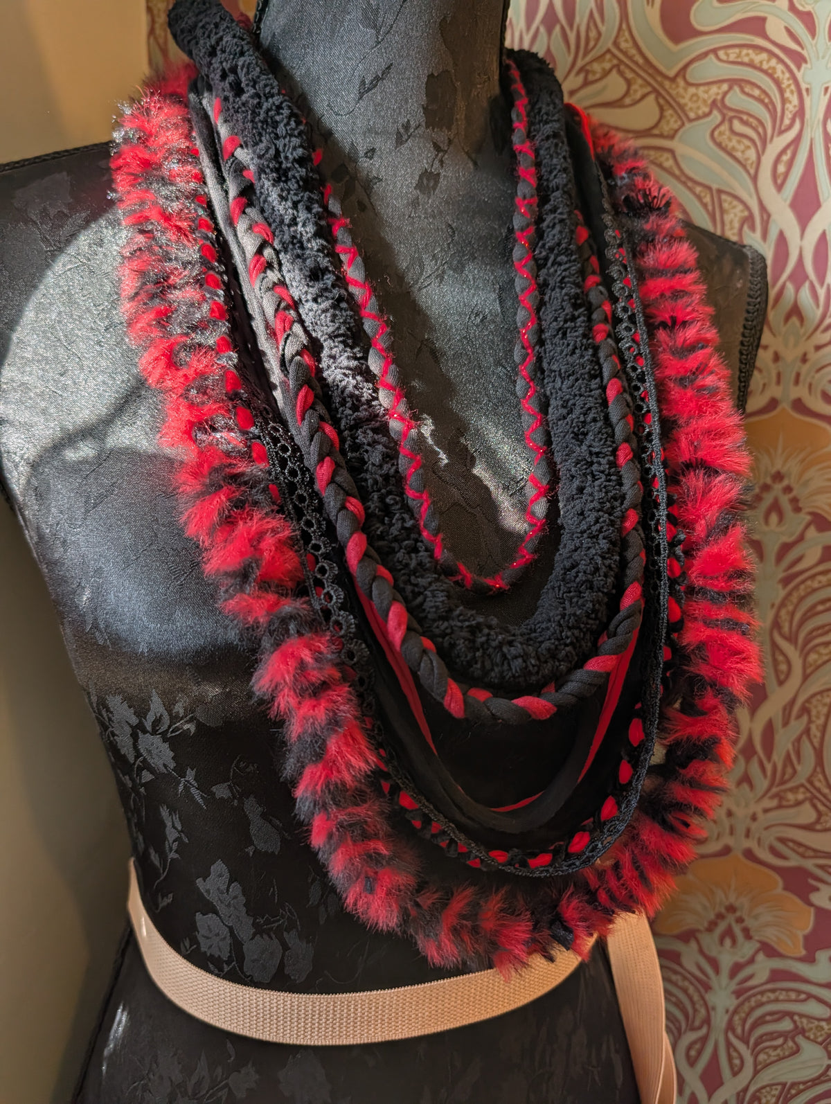 Wolfblood, Handmade Gothic accessory in Scarlet and Black fabric, Unique Necklace/Infinity Scarf