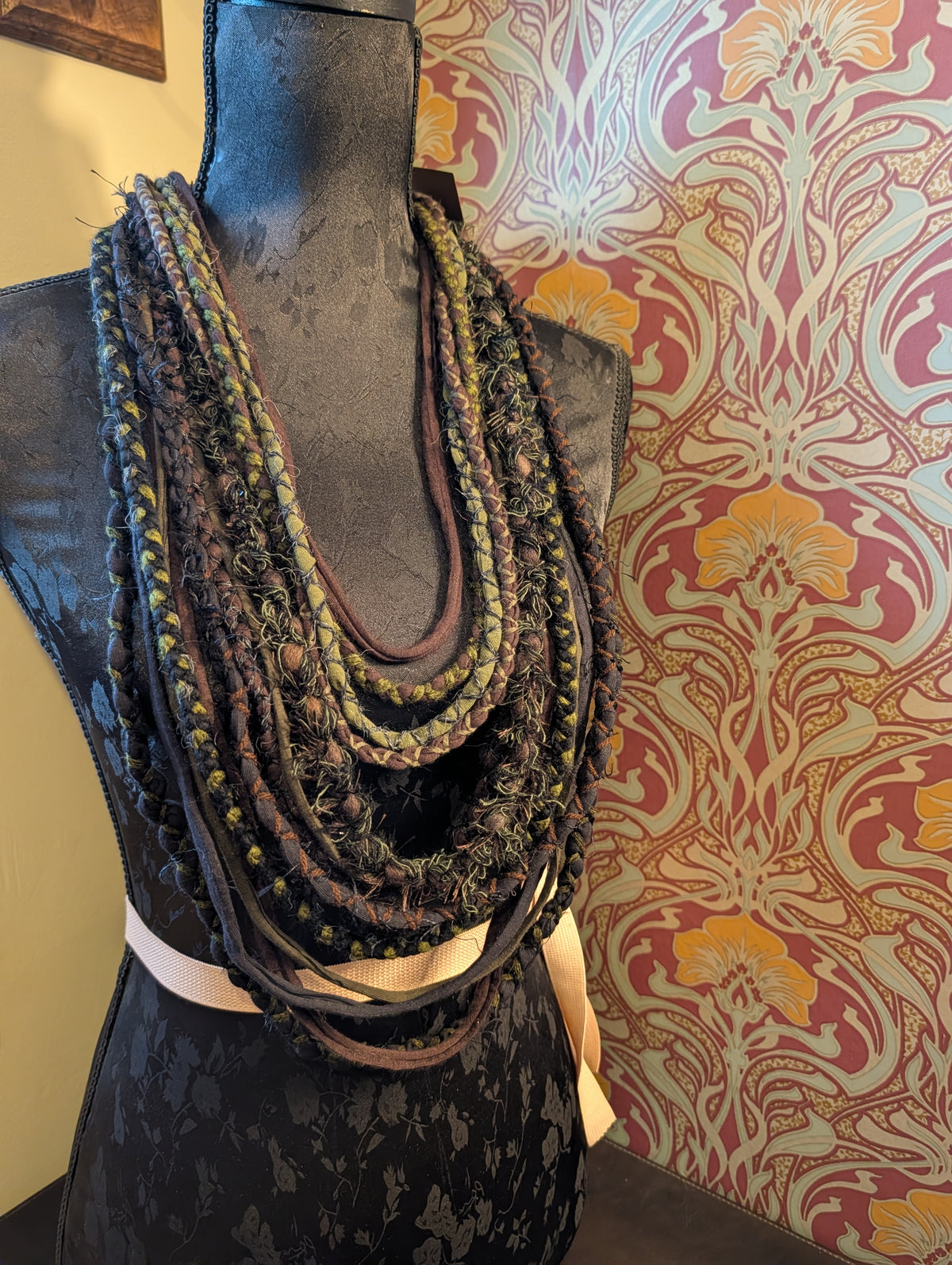 Moss Hollow, A Beautiful, forest inspired fabric necklace, Earthy shades that create a dark and witchy overtone