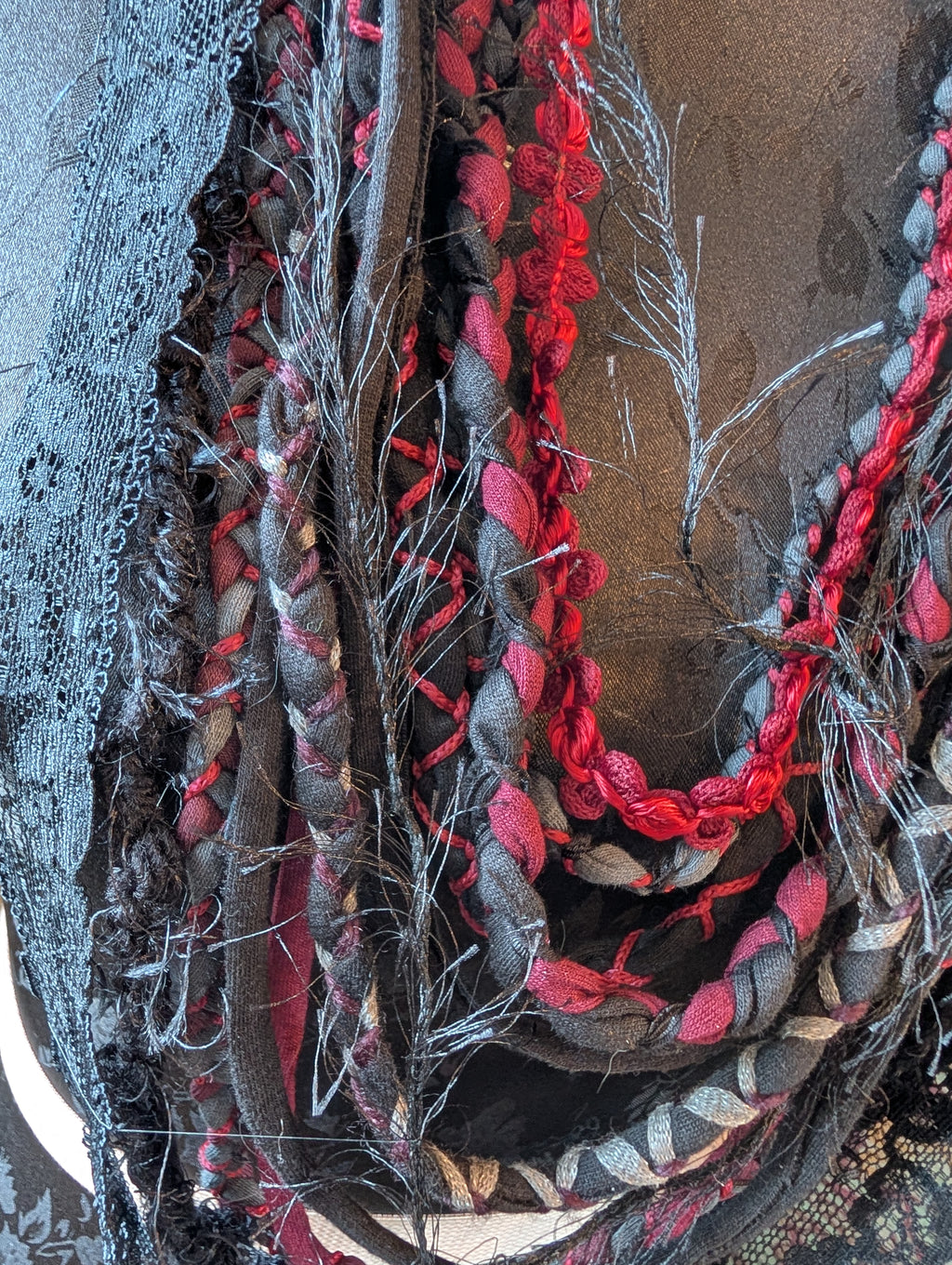 Decayed Roses, beautiful upcycled gothic fabric necklace, handmade