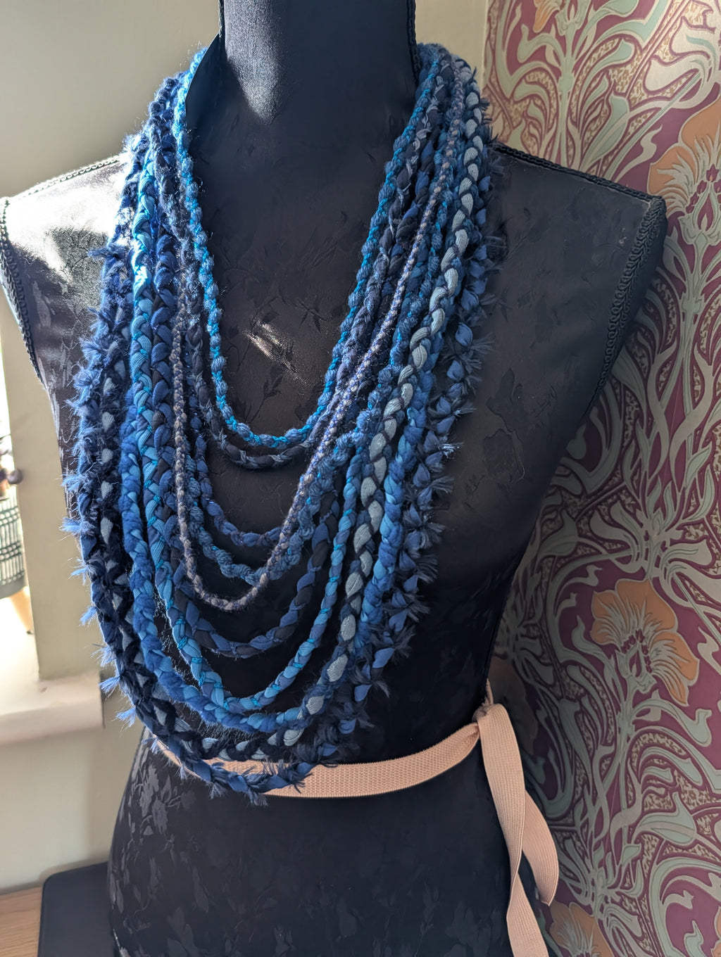 Mystic Azure, Boho Style Layered Fabric Necklace, Handmade & Unique Gift