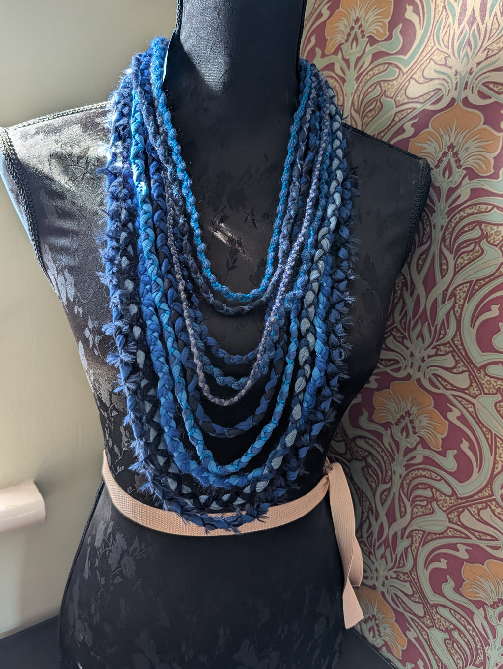 Mystic Azure, Boho Style Layered Fabric Necklace, Handmade & Unique Gift