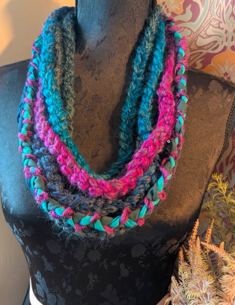 Shades of Peacock, Cowl length Handmade, Upcycled infinity scarf