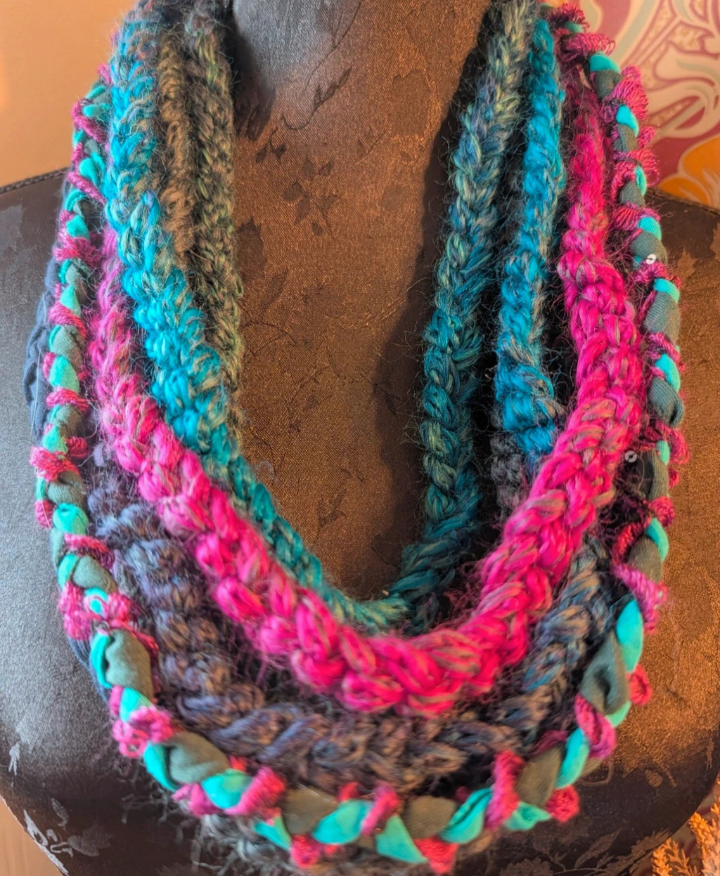 Shades of Peacock, Cowl length Handmade, Upcycled infinity scarf