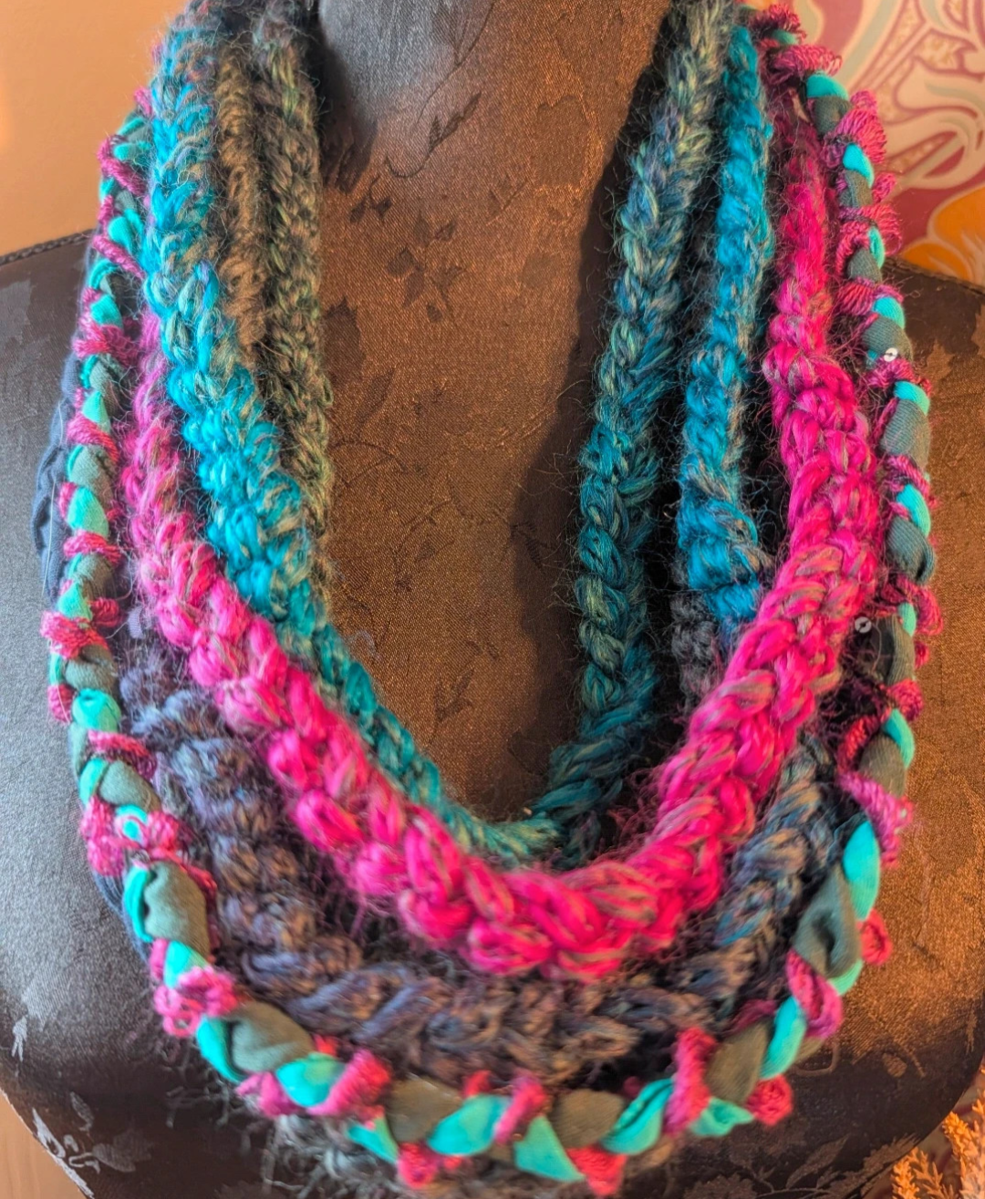 Shades of Peacock, Cowl length Handmade, Upcycled infinity scarf