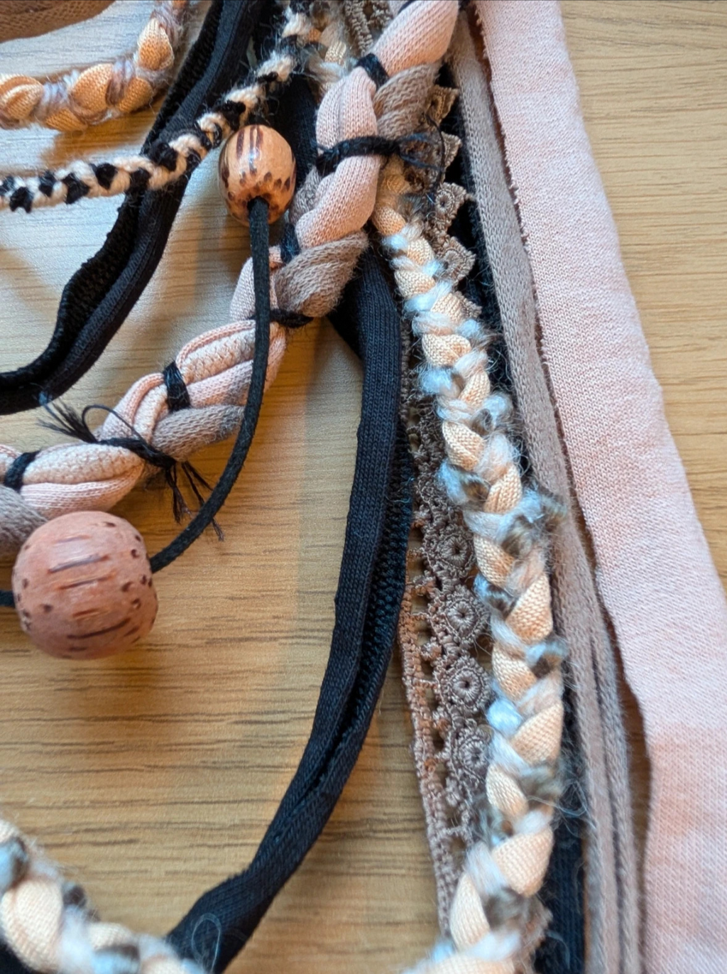 Unusual Handmade T-shirt Yarn Scarf, Mocha Black Boho Style