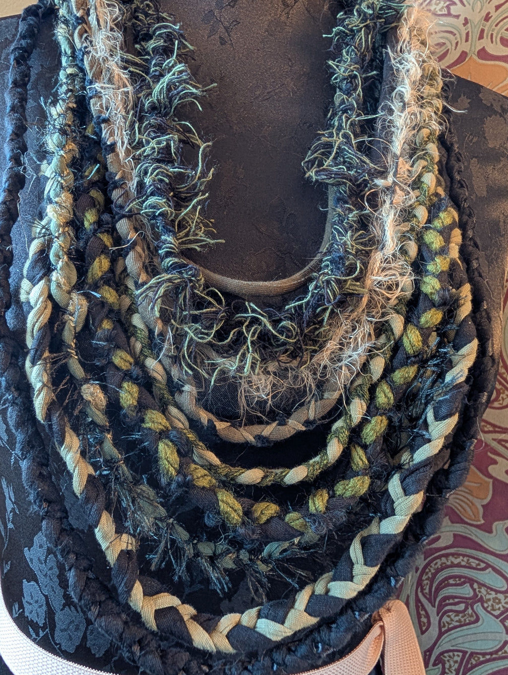 Midnight Moss Fabric Necklace, Deliciously dark handmade, upcycled and unique item