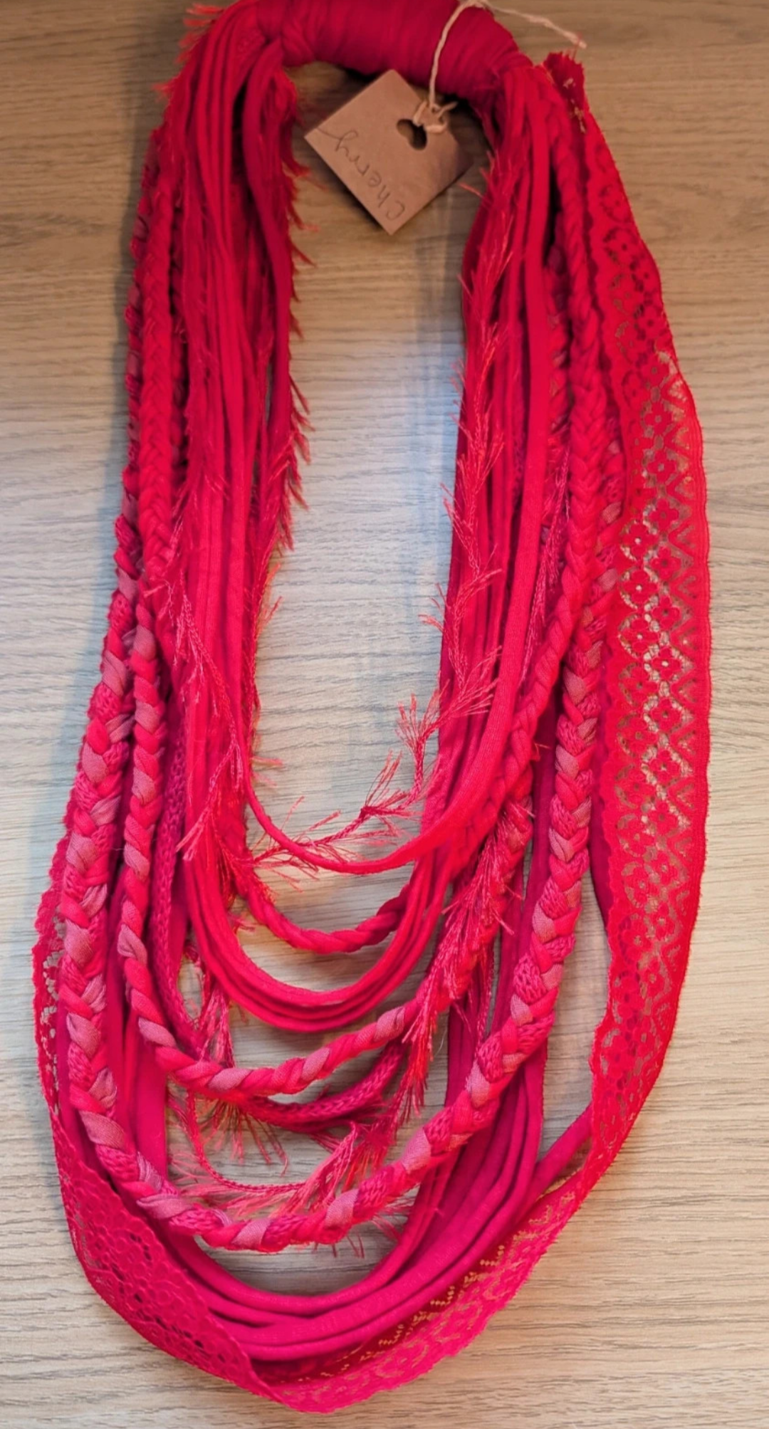Cherry, Boho style Infinity Scarf or Fabric Necklace