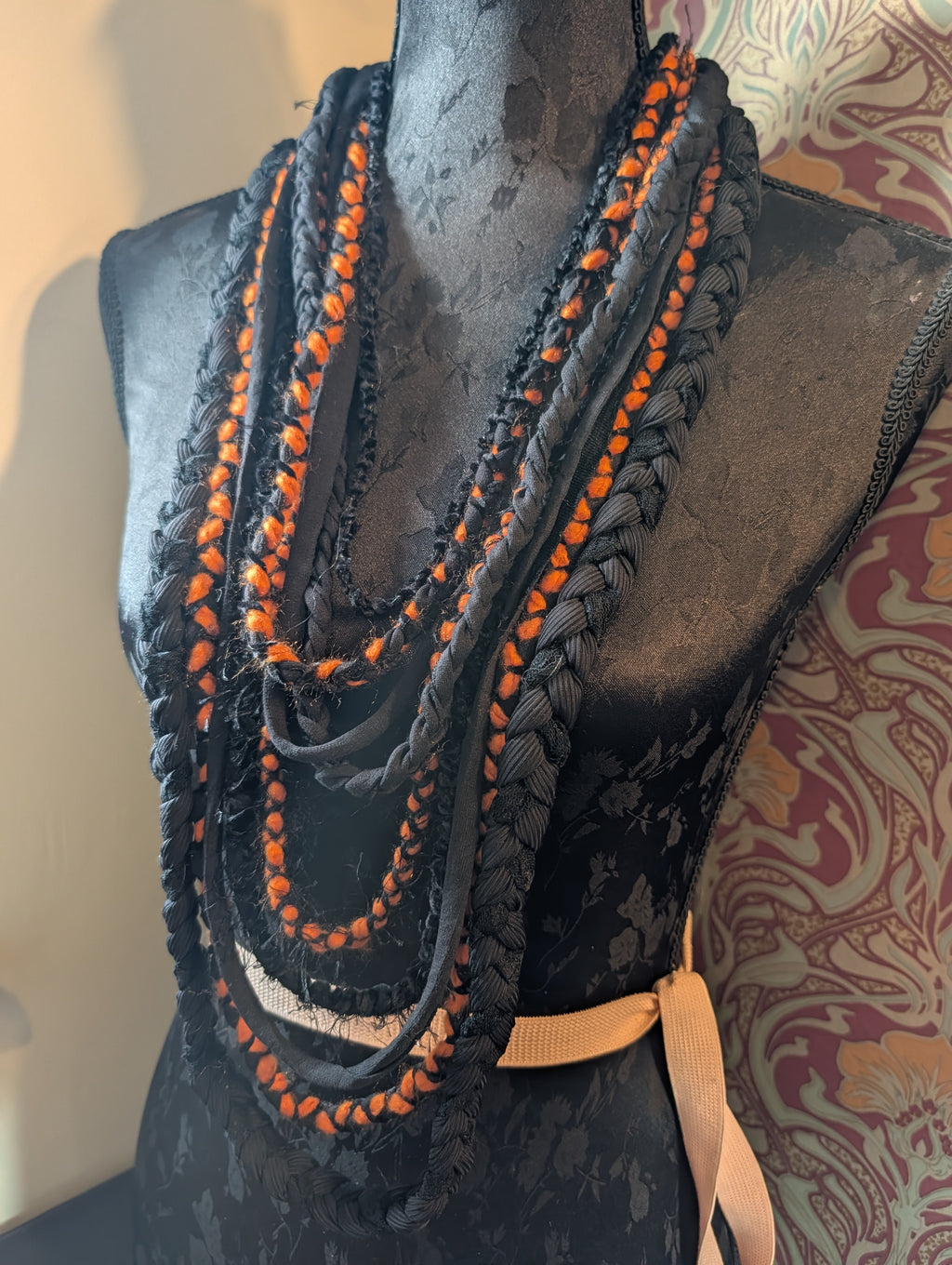 Pumpkin Moon, Upcycled Handmade Fabric Necklace, Goth Accessory, Halloween Accessory