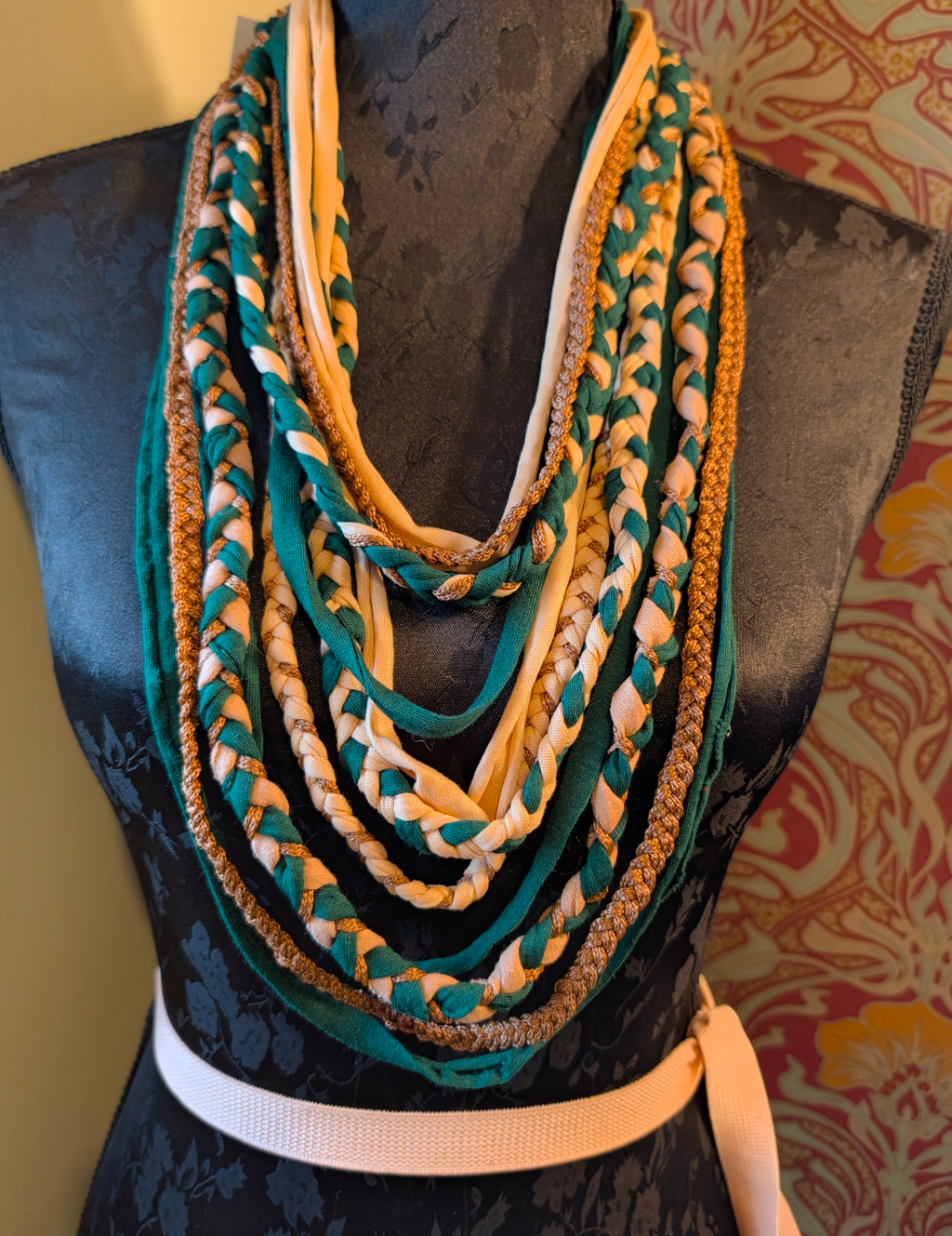 Tudor Malachite, Handmade Unique Upcycled Fabric Necklace