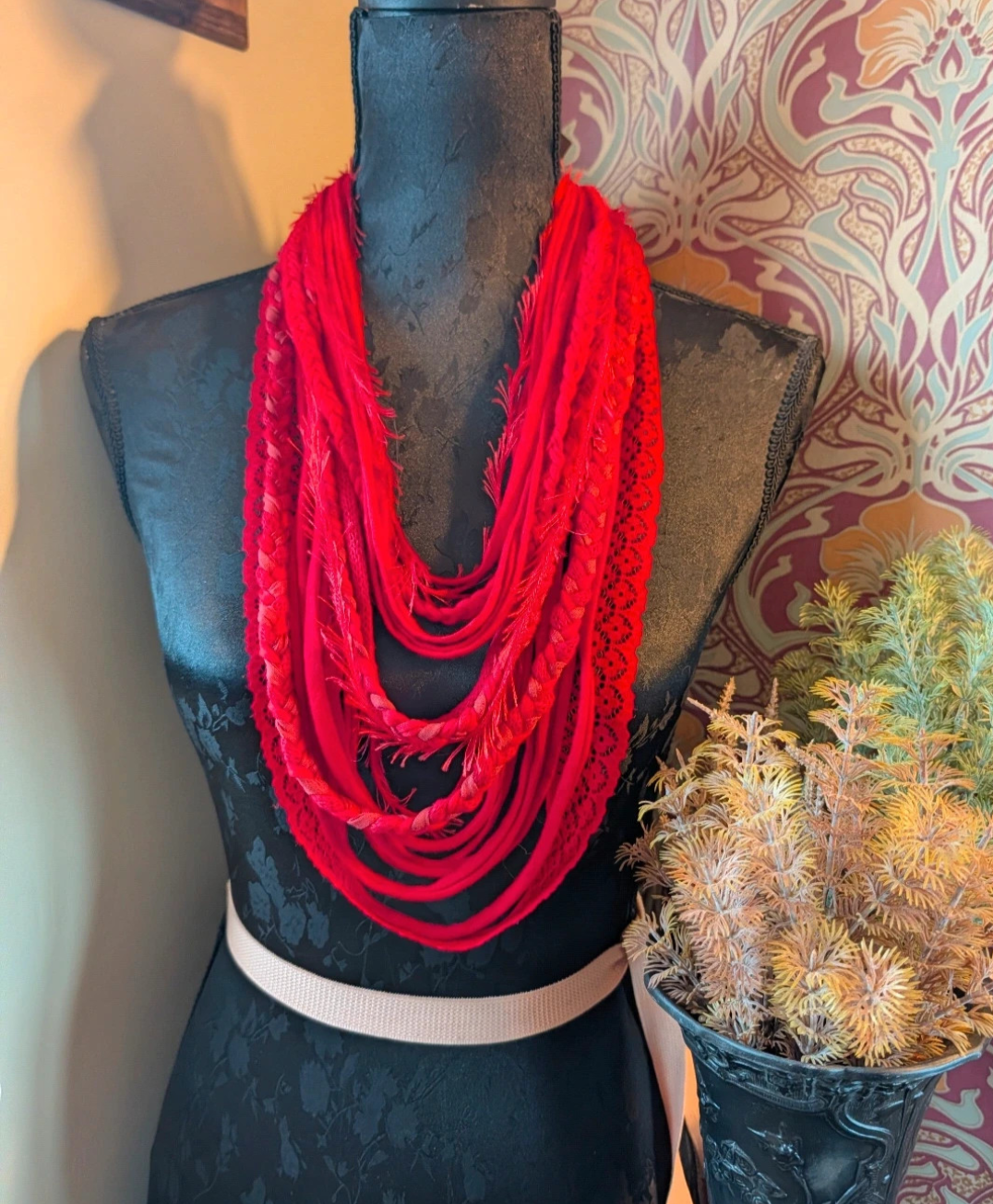 Cherry, Boho style Infinity Scarf or Fabric Necklace