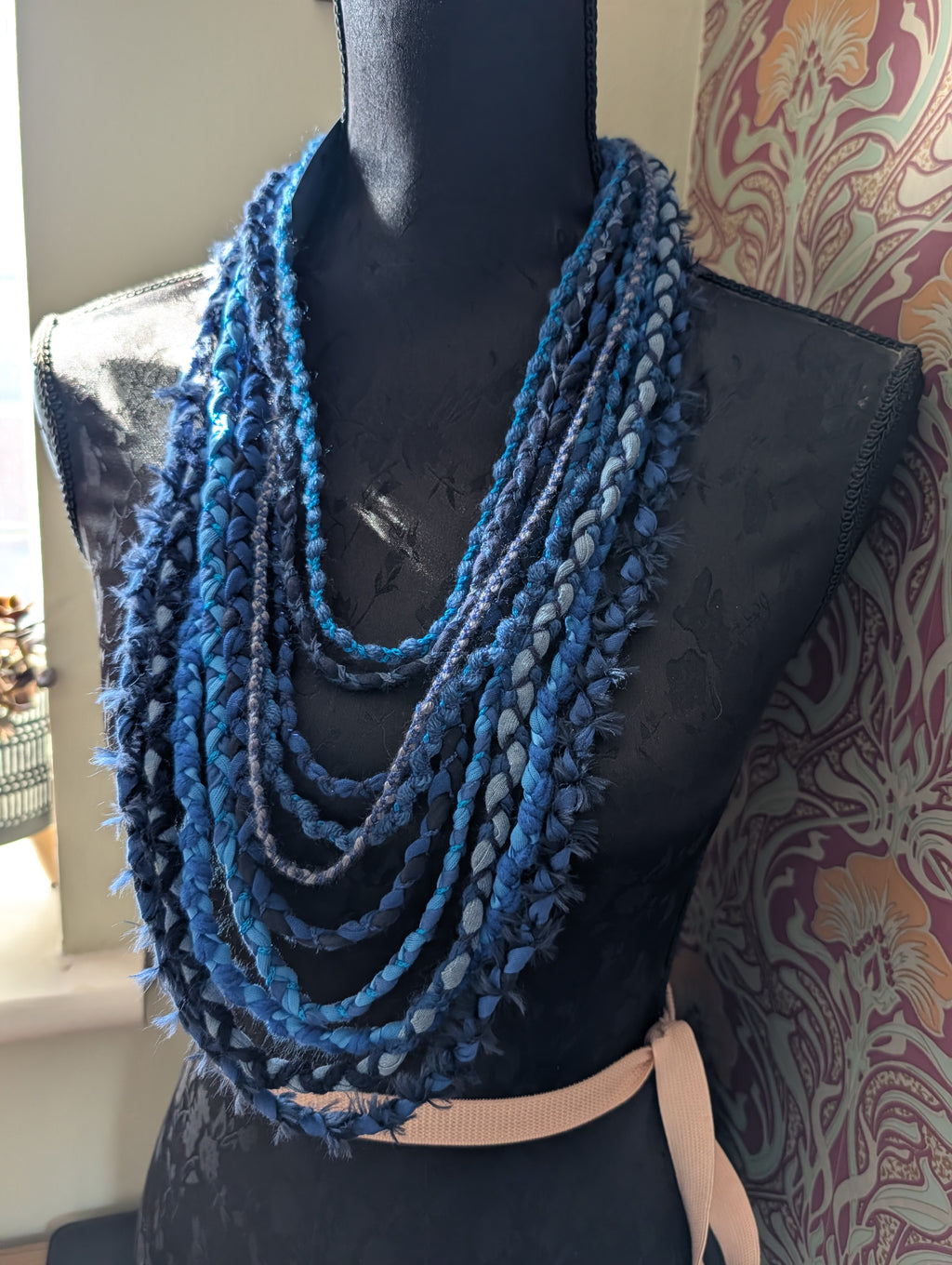 Mystic Azure, Boho Style Layered Fabric Necklace, Handmade & Unique Gift