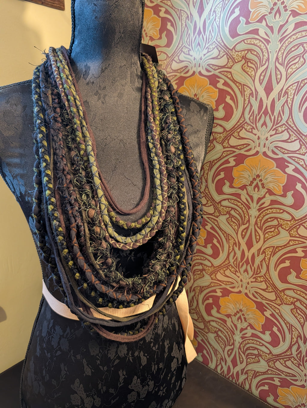Moss Hollow, A Beautiful, forest inspired fabric necklace, Earthy shades that create a dark and witchy overtone
