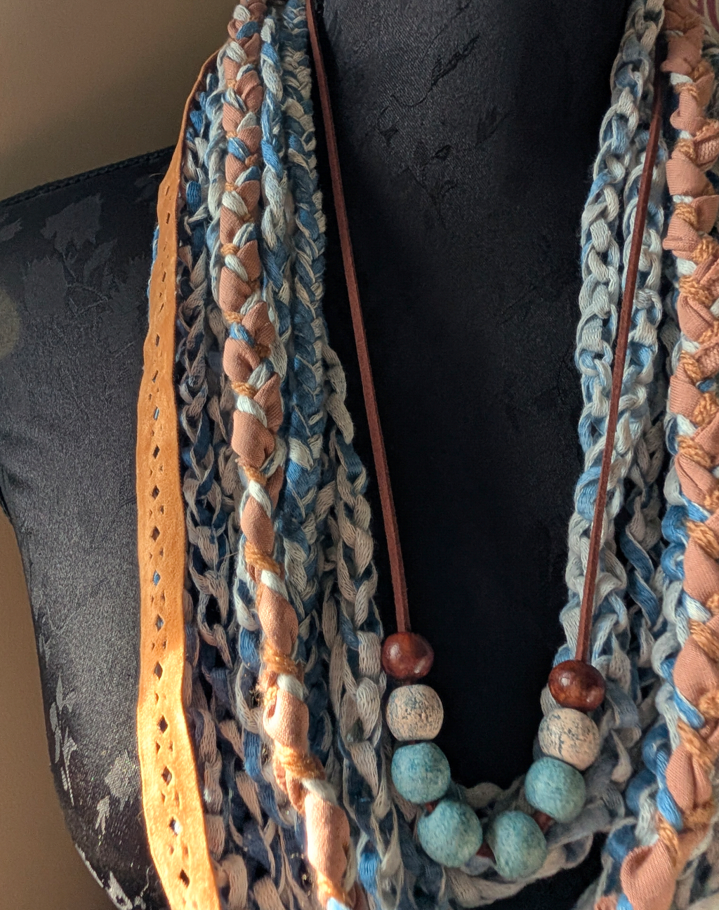 Desert Boho Style Infinity Scarf with Ceramic and Wooden Bead Necklace
