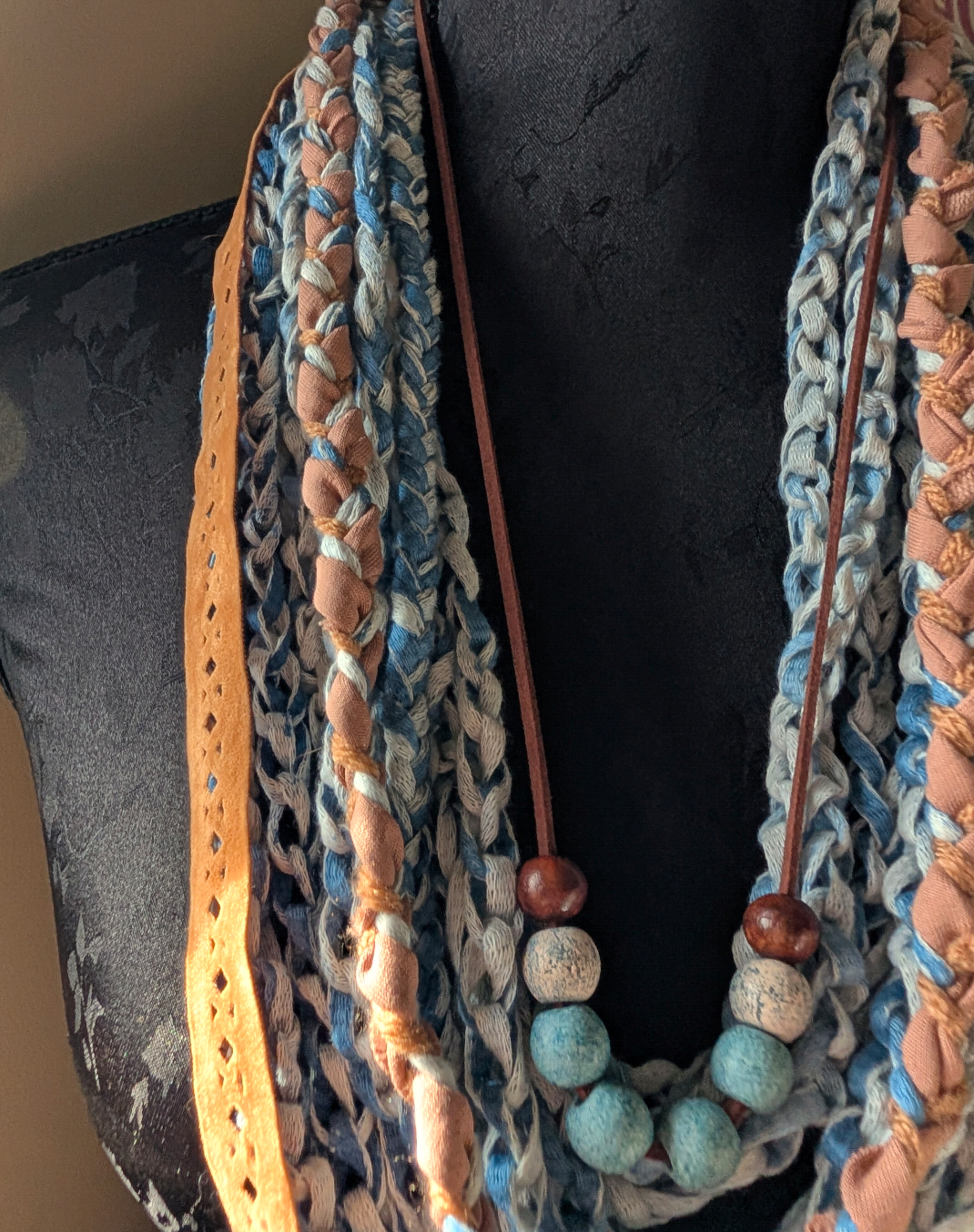 Desert Boho Style Infinity Scarf with Ceramic and Wooden Bead Necklace