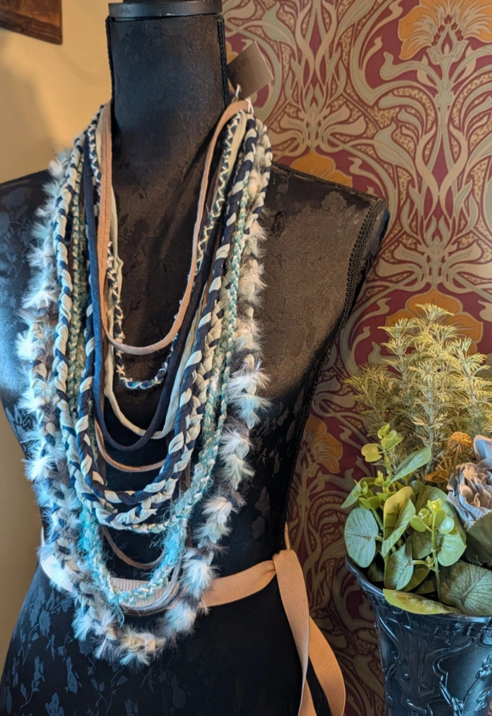Sea Glass, Beautiful Boho Fabric Necklace, Handcrafted & Upcycled