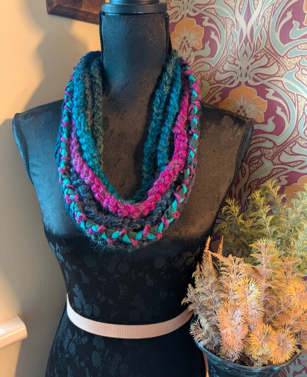 Shades of Peacock, Cowl length Handmade, Upcycled infinity scarf