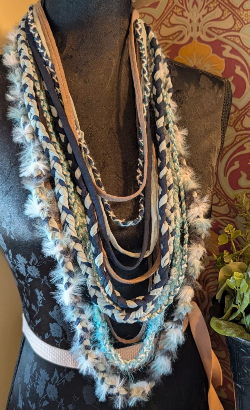 Sea Glass, Beautiful Boho Fabric Necklace, Handcrafted & Upcycled