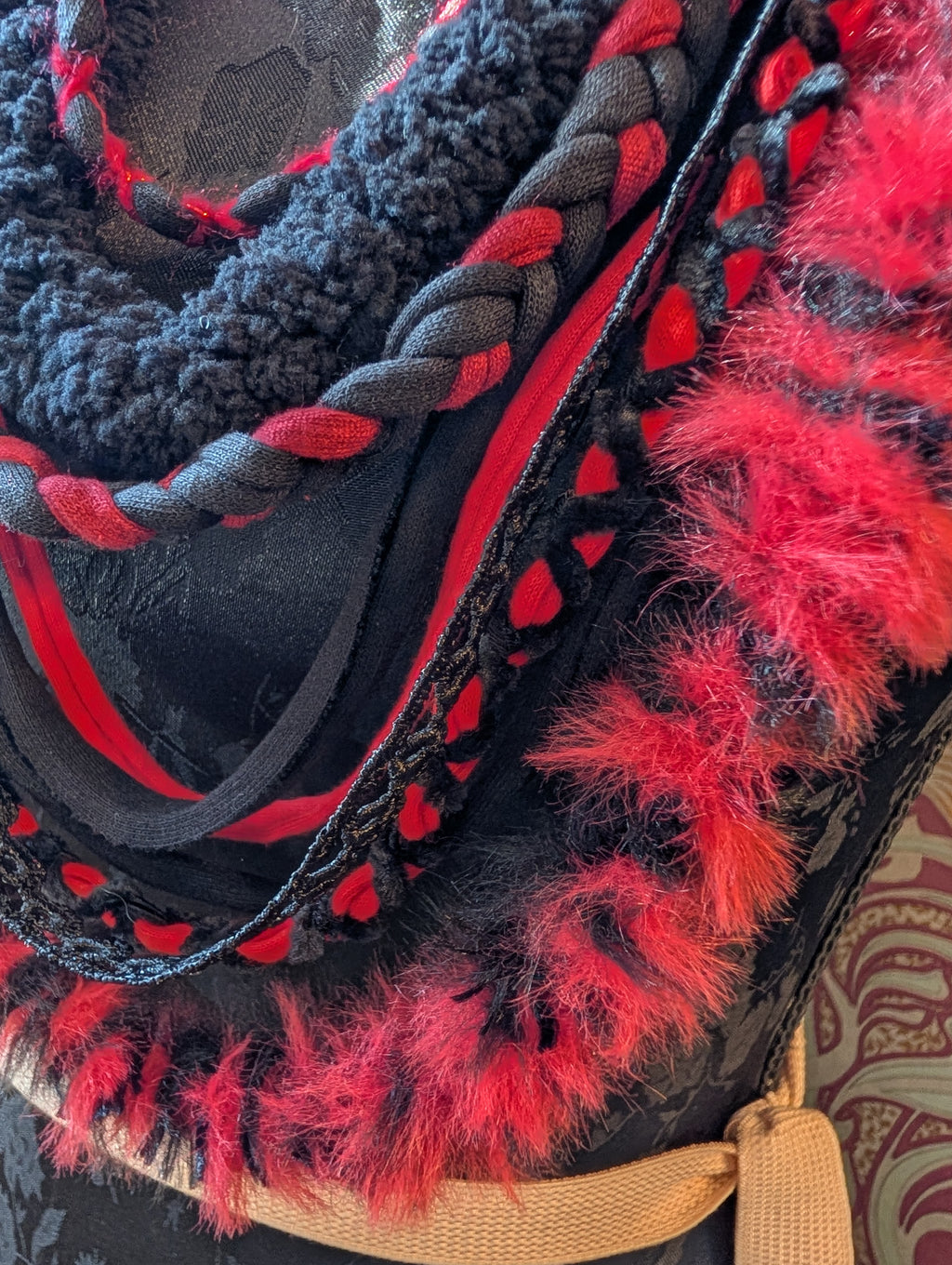 Wolfblood, Handmade Gothic accessory in Scarlet and Black fabric, Unique Necklace/Infinity Scarf