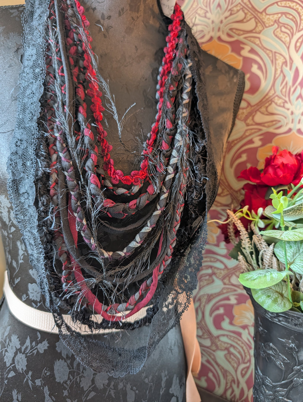 Decayed Roses, beautiful upcycled gothic fabric necklace, handmade