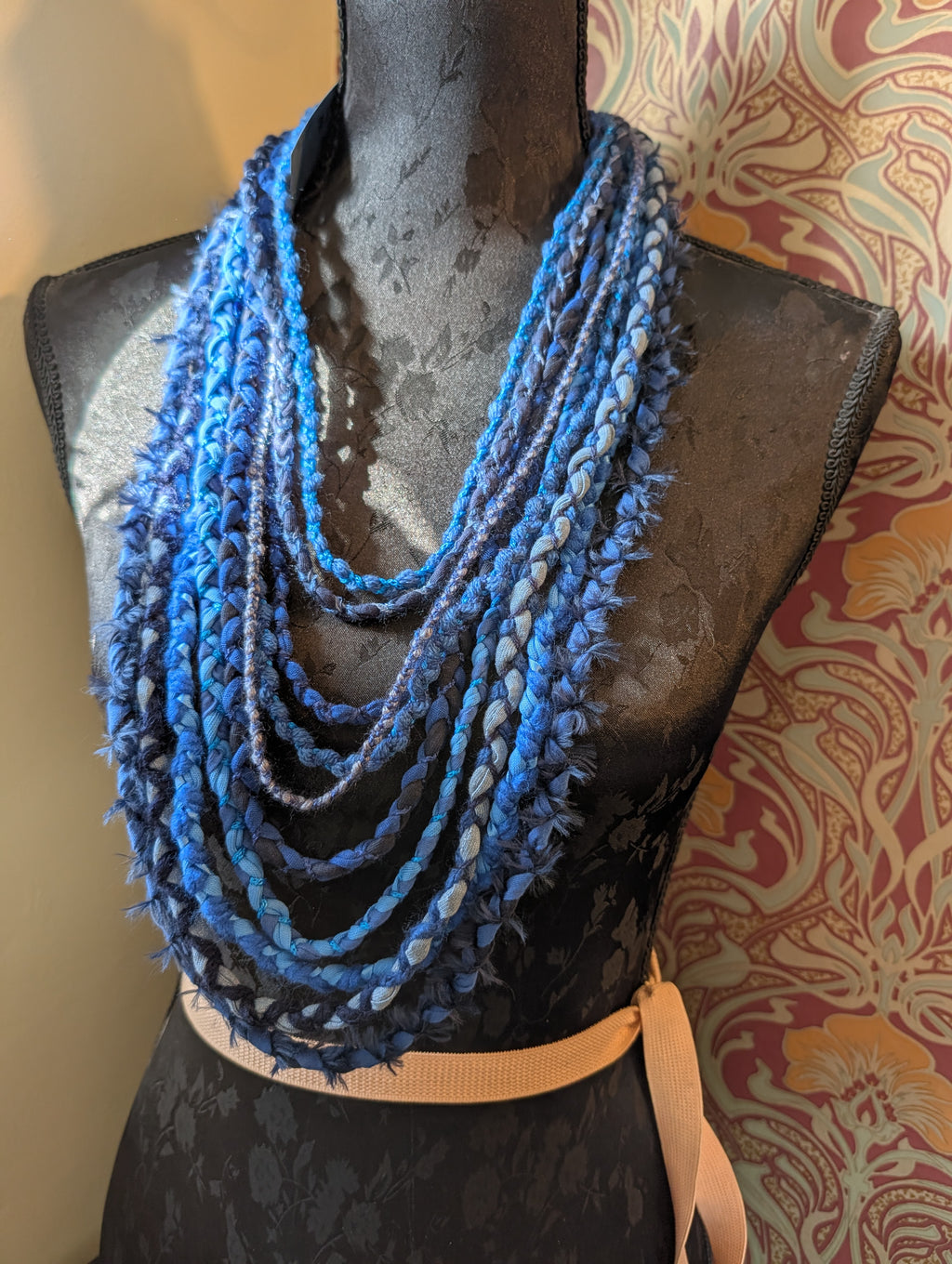 Mystic Azure, Boho Style Layered Fabric Necklace, Handmade & Unique Gift