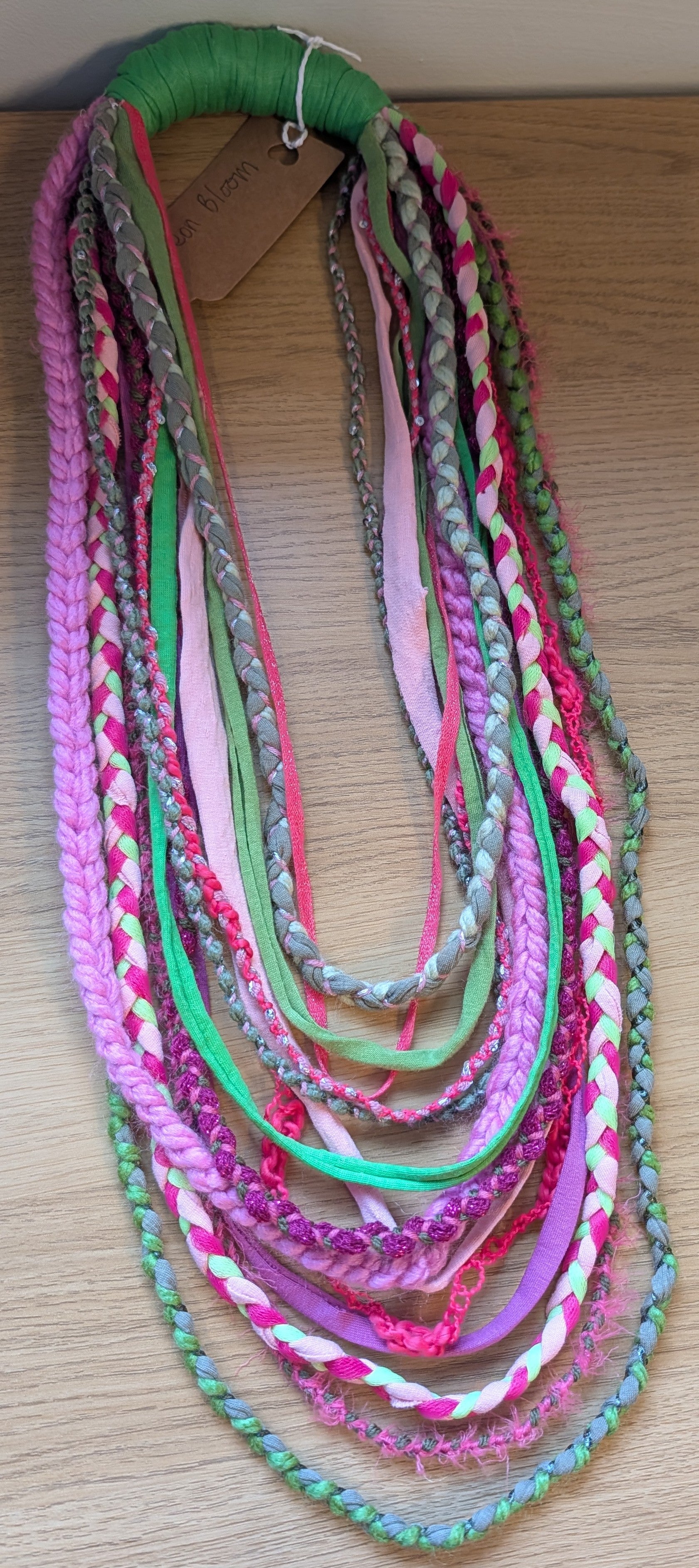 Handmade upcycled statement necklace Neon Bloom