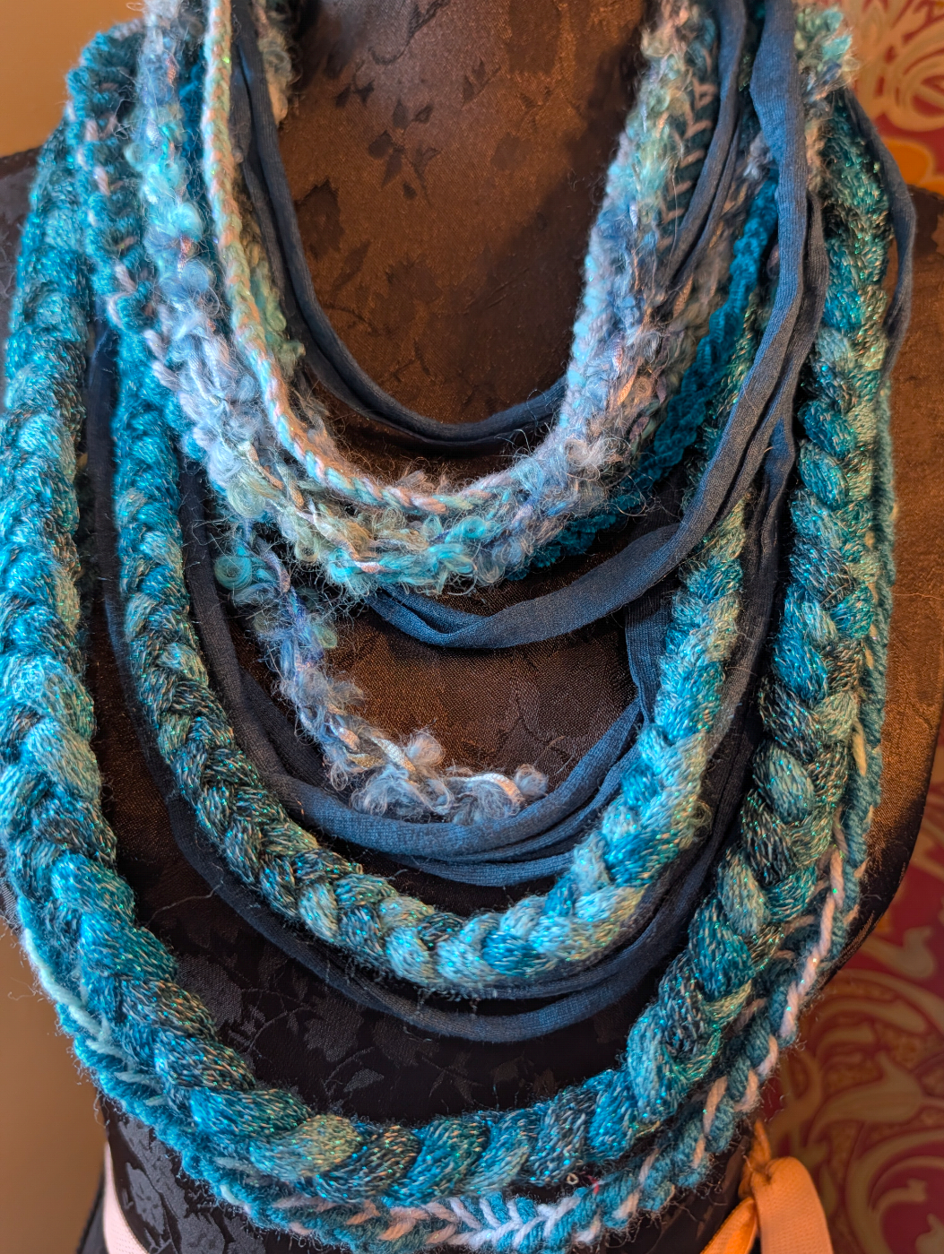 Teal Shimmer Handcrafted Bohemian Style Multi-strand Crocheted Scarf