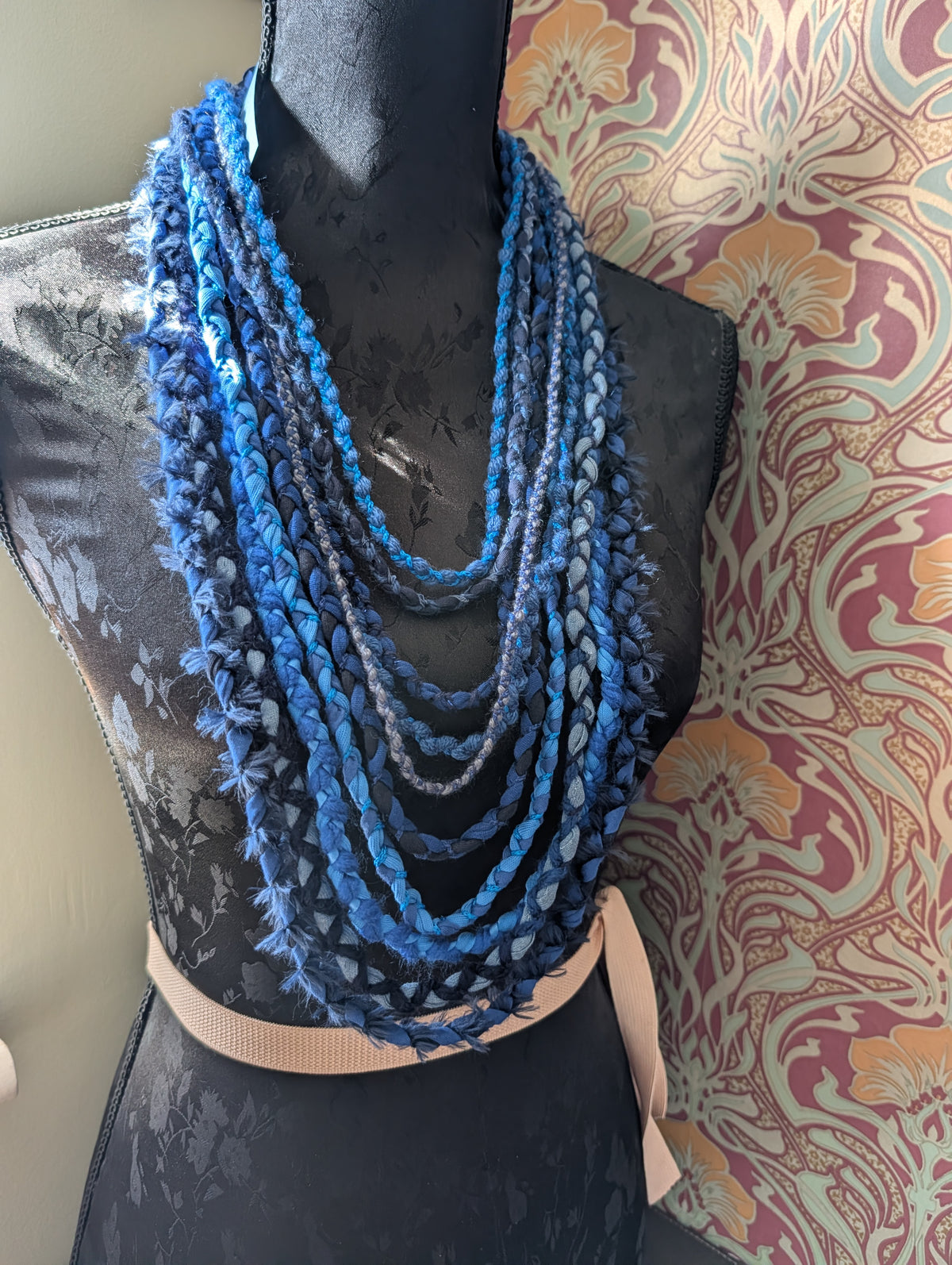Mystic Azure, Boho Style Layered Fabric Necklace, Handmade & Unique Gift