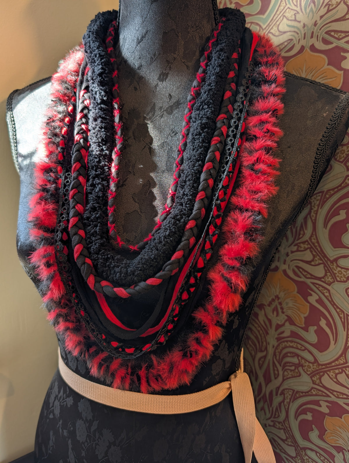 Wolfblood, Handmade Gothic accessory in Scarlet and Black fabric, Unique Necklace/Infinity Scarf