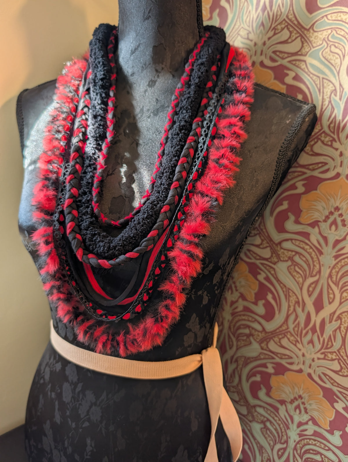 Wolfblood, Handmade Gothic accessory in Scarlet and Black fabric, Unique Necklace/Infinity Scarf