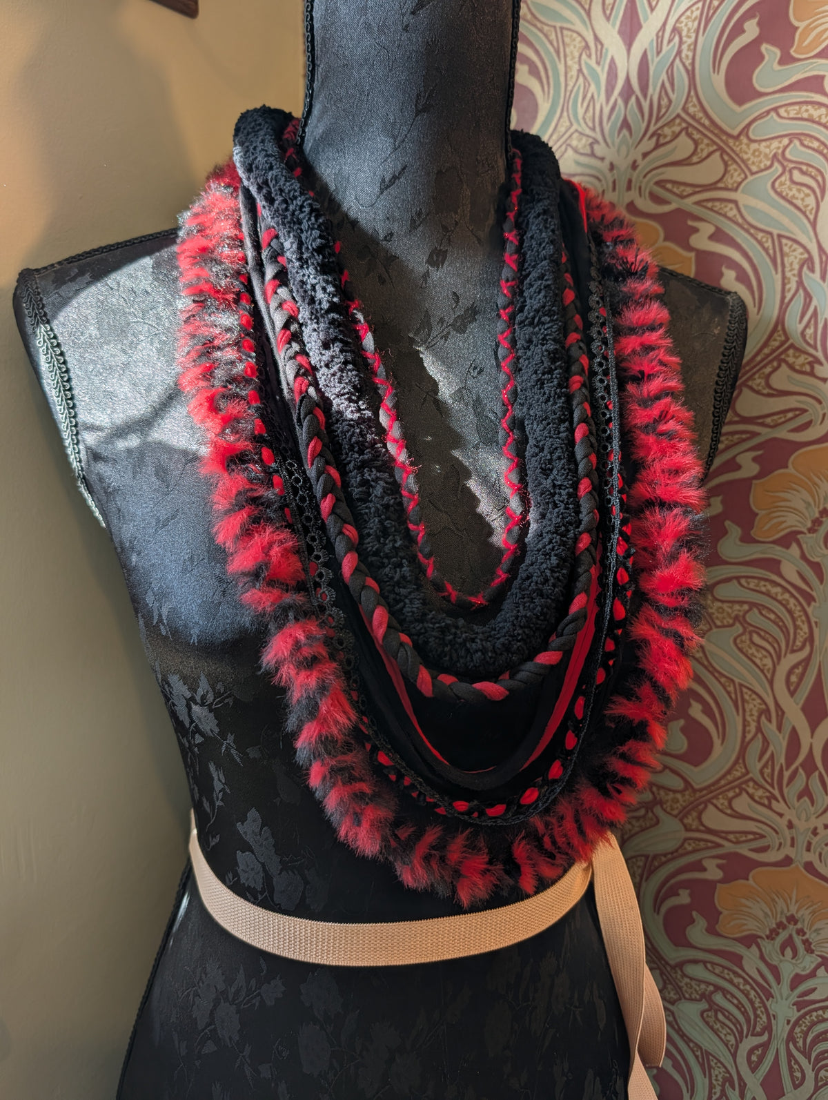 Wolfblood, Handmade Gothic accessory in Scarlet and Black fabric, Unique Necklace/Infinity Scarf
