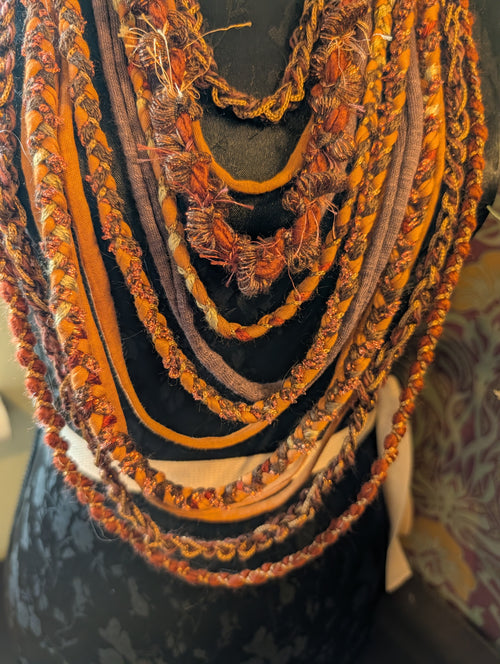 Burnished Copper, Upcycled Fabric Necklace, Bohemian, layered style