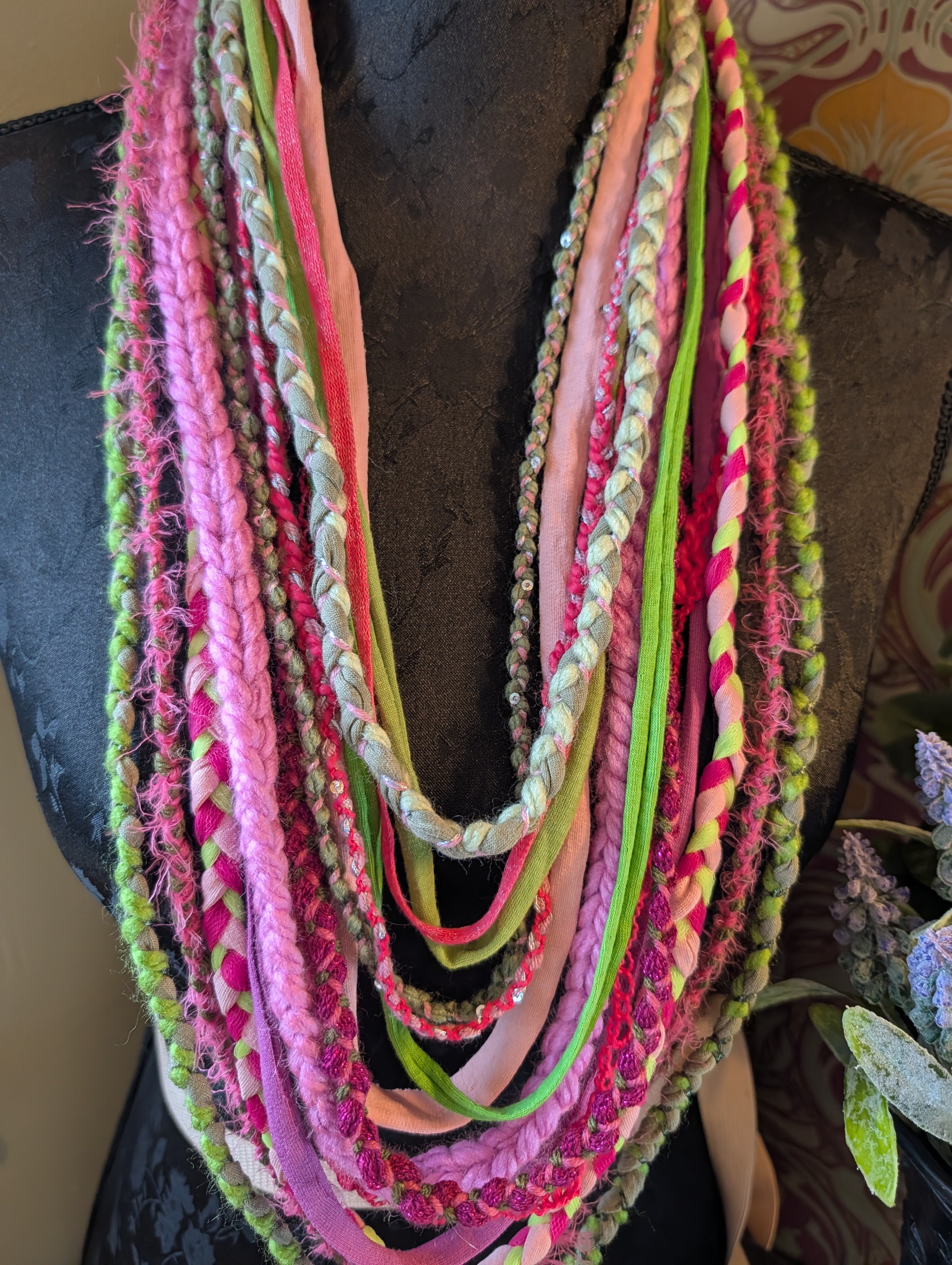 Handmade upcycled statement necklace Neon Bloom