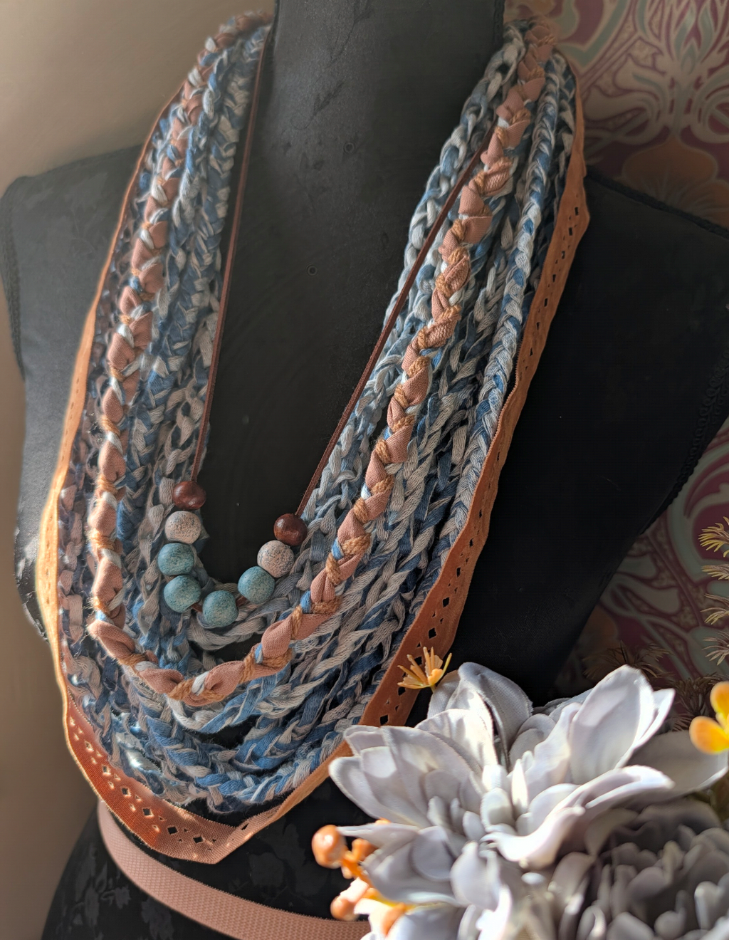 Desert Boho Style Infinity Scarf with Ceramic and Wooden Bead Necklace