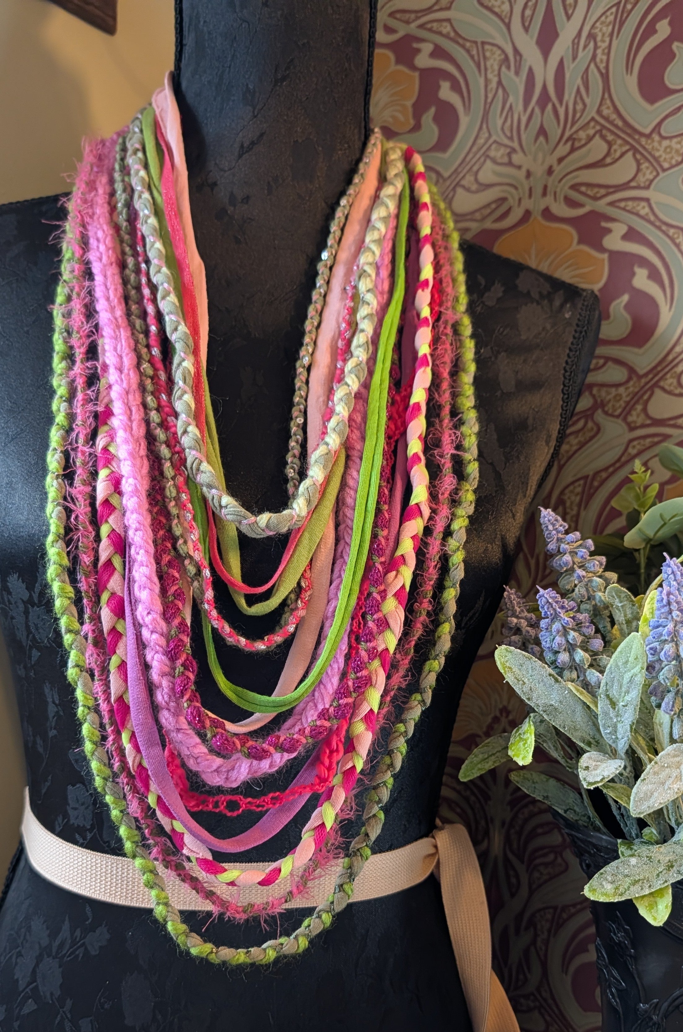Handmade upcycled statement necklace Neon Bloom