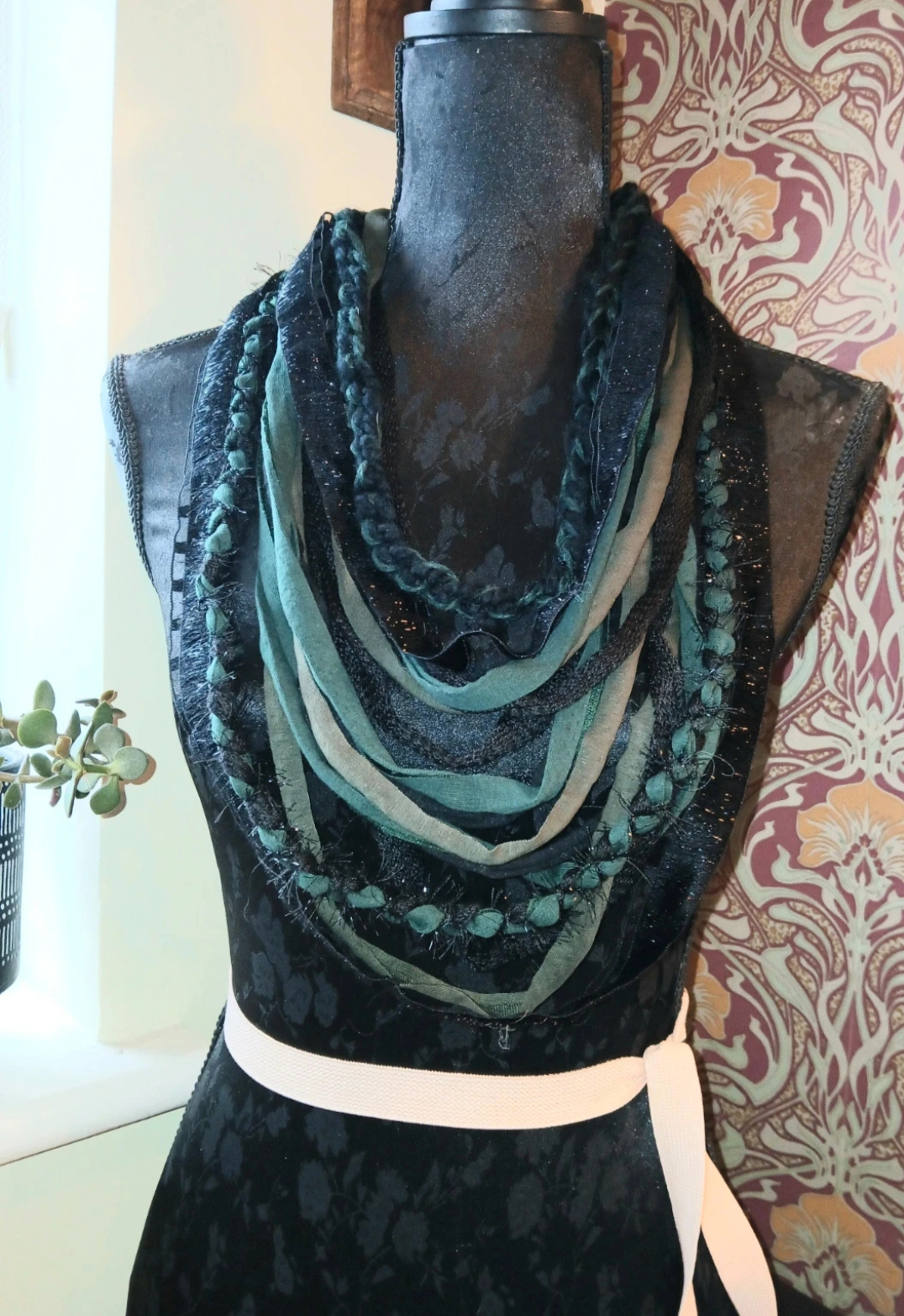 Starlit Forest, Gothic Boho Forestcore inspired design, Handmade Upcycled fabric necklace