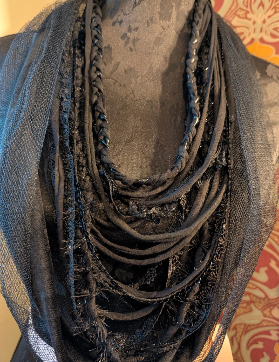 Victorian Jet design, Gothic Upcycled Unique fabric necklace